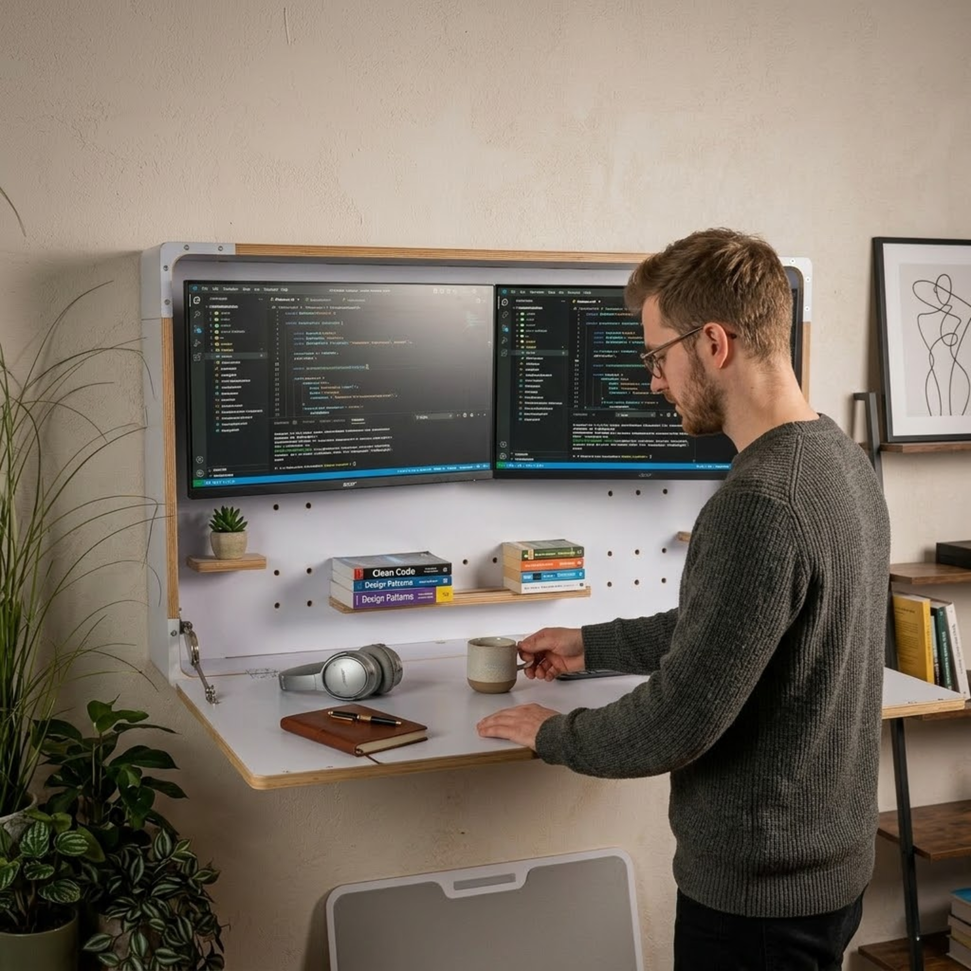 Modern wall mounted plywood desk installed in a compact home office workspace