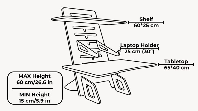 Tragbarer verstellbarer Stehschreibtisch für Laptops – Ergonomischer Arbeitsplatz aus Holz dimensions