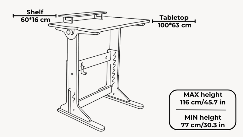 Adjustable Plywood Standing Desk | Ergonomic Sit Stand Desk with Shelf dimensions