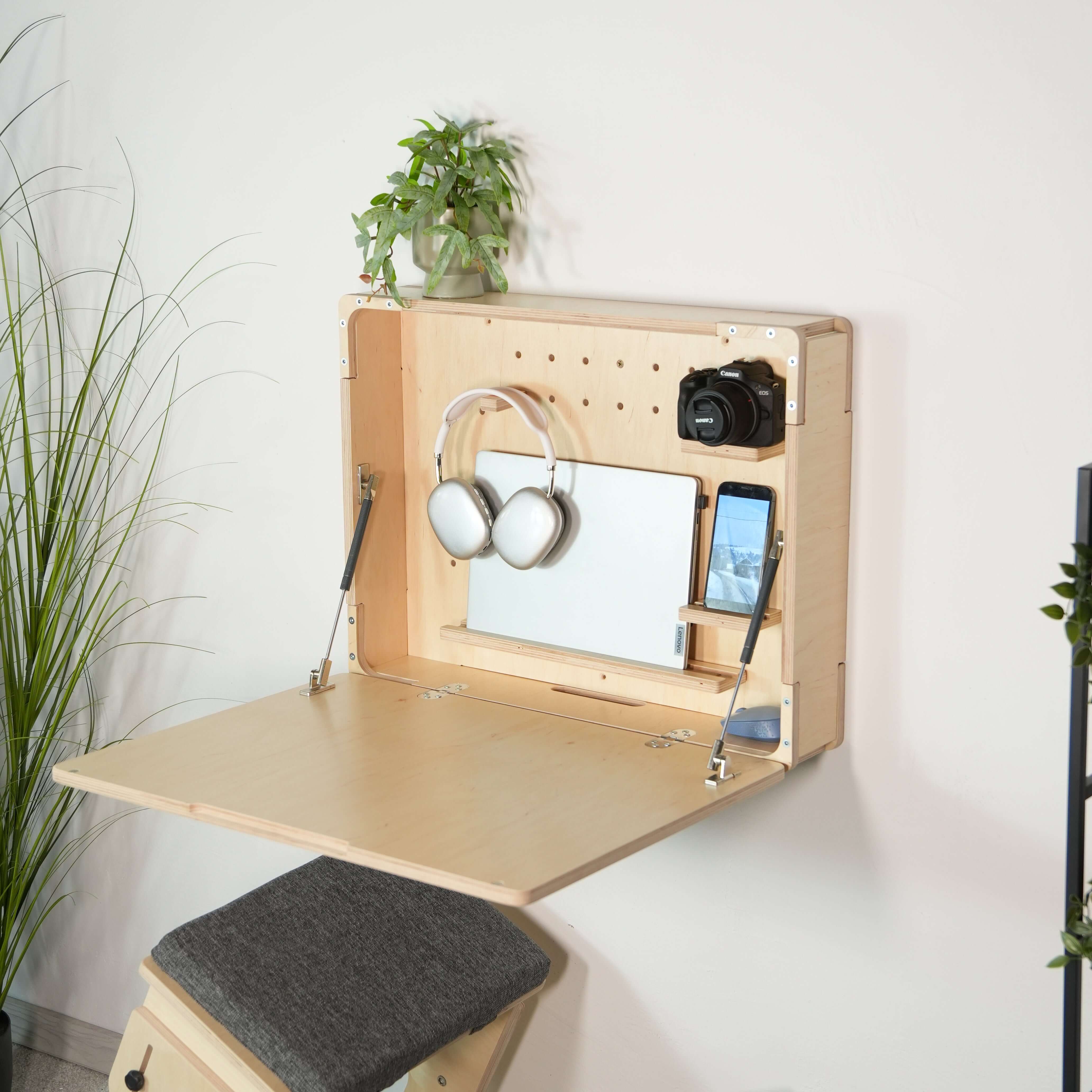 Wall Mounted Fold Down Mini Desk | Compact Plywood Floating Workspace