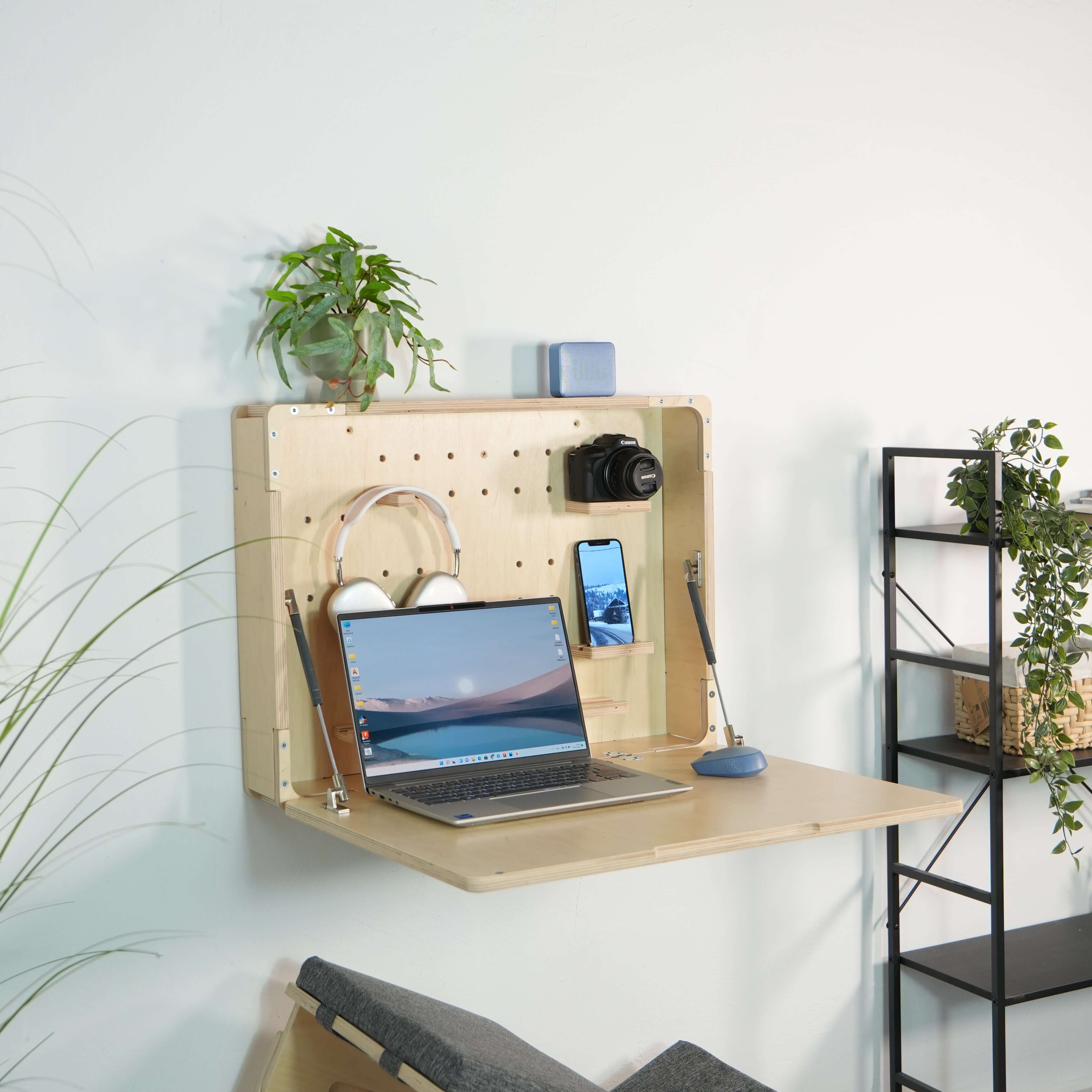 Wall Mounted Fold Down Mini Desk | Compact Plywood Floating Workspace