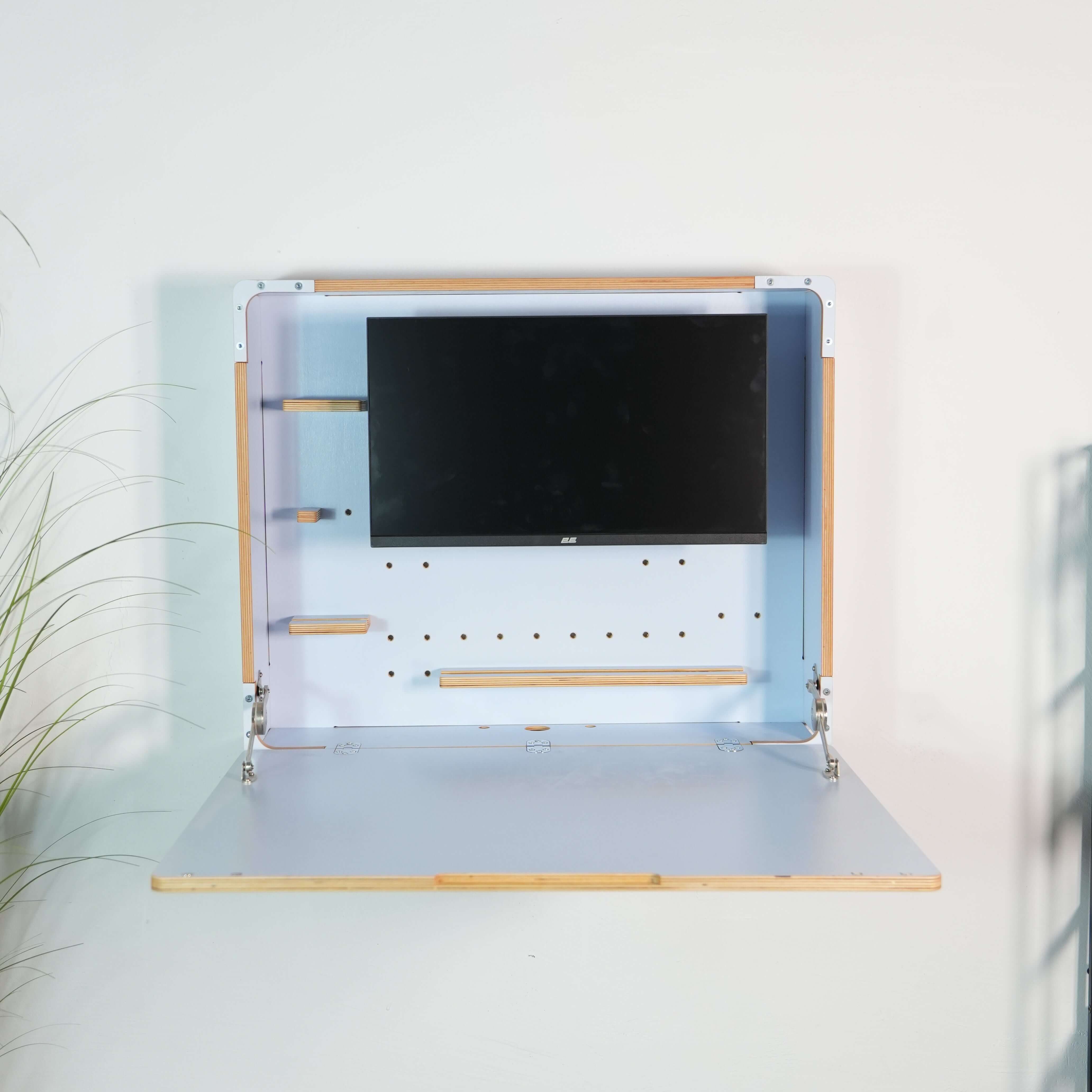 Wall Mounted Fold Down Desk | Plywood Floating Workspace with Shelves