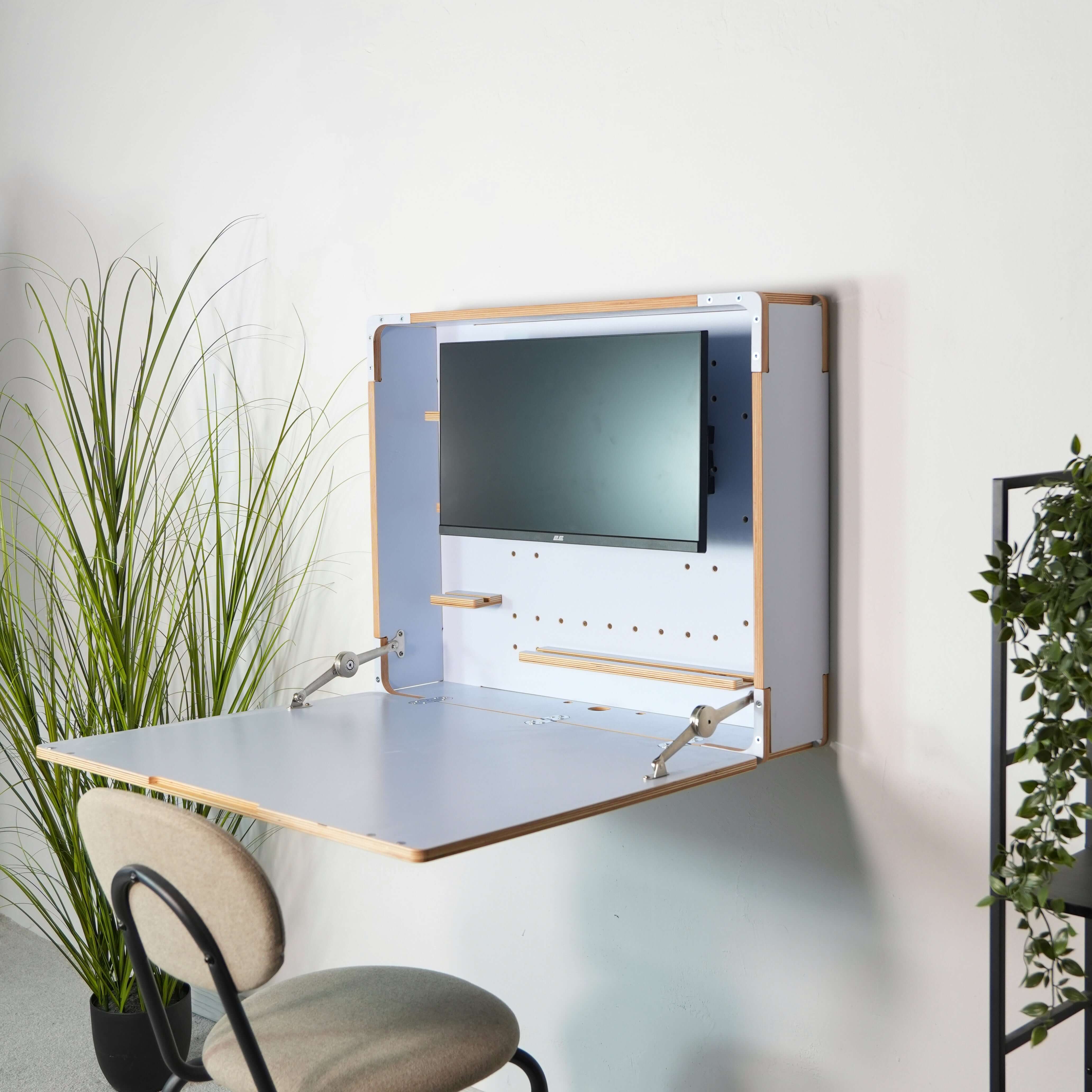 Wall Mounted Fold Down Desk | Plywood Floating Workspace with Shelves