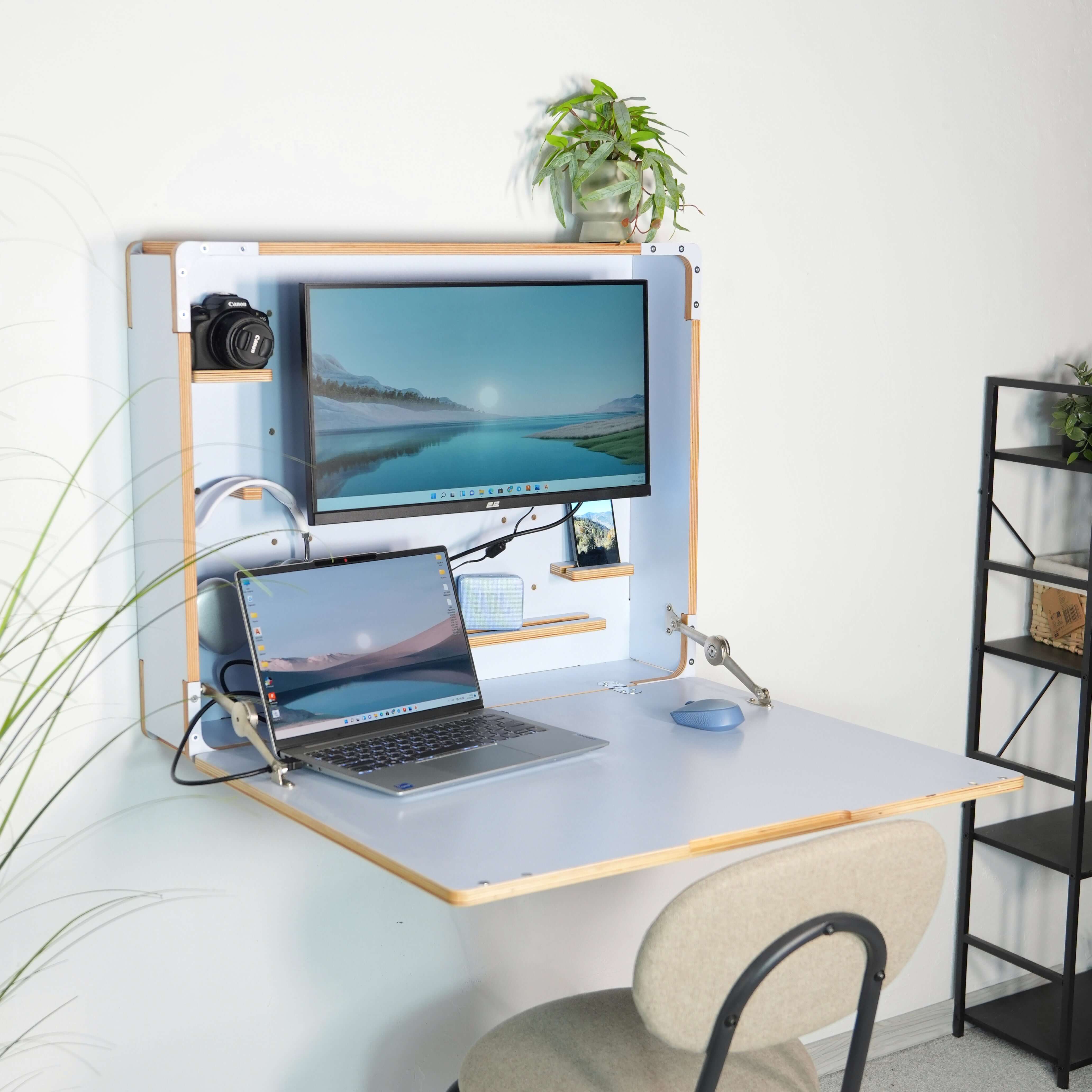 Wall Mounted Fold Down Desk | Plywood Floating Workspace with Shelves