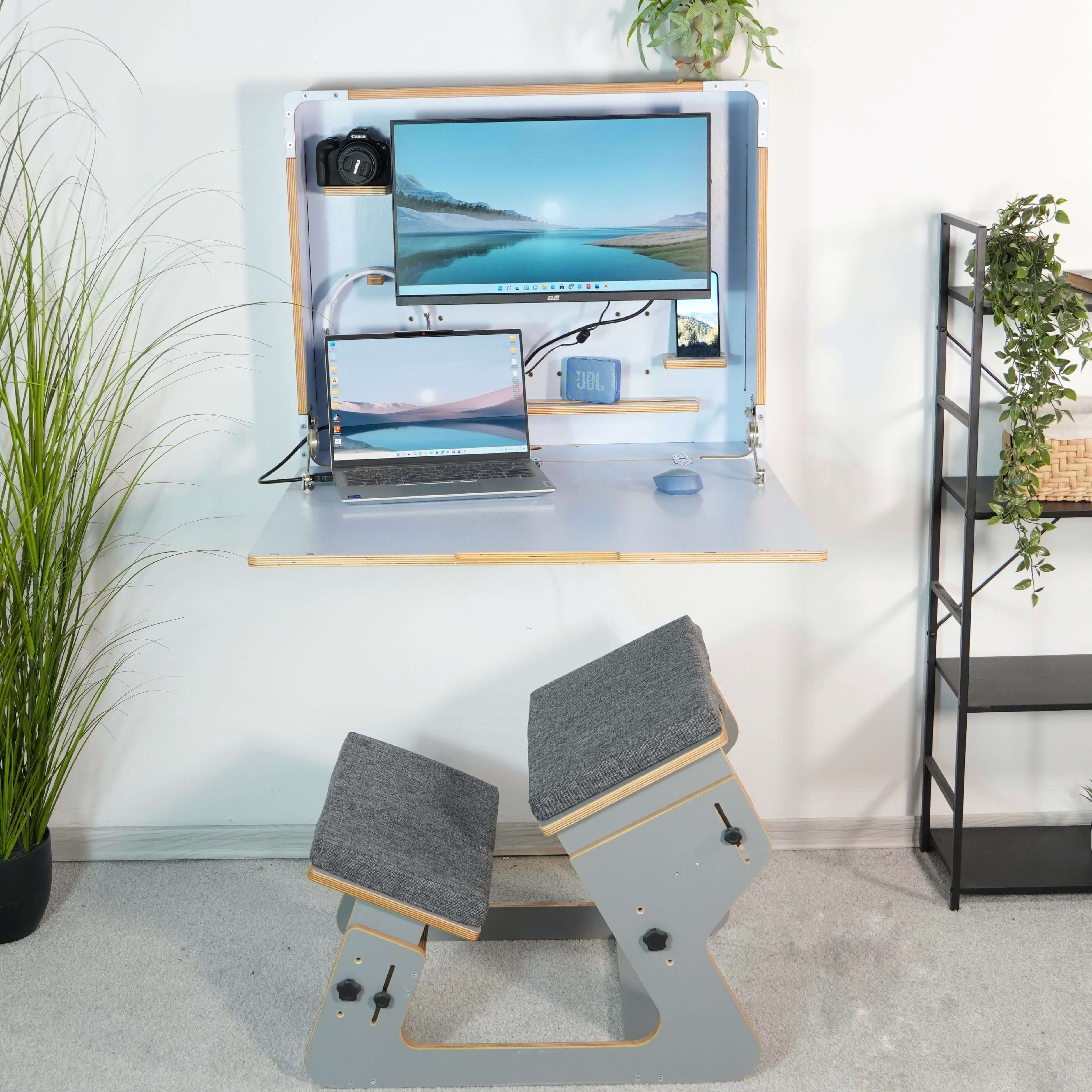 Wall Mounted Fold Down Desk | Plywood Floating Workspace with Shelves
