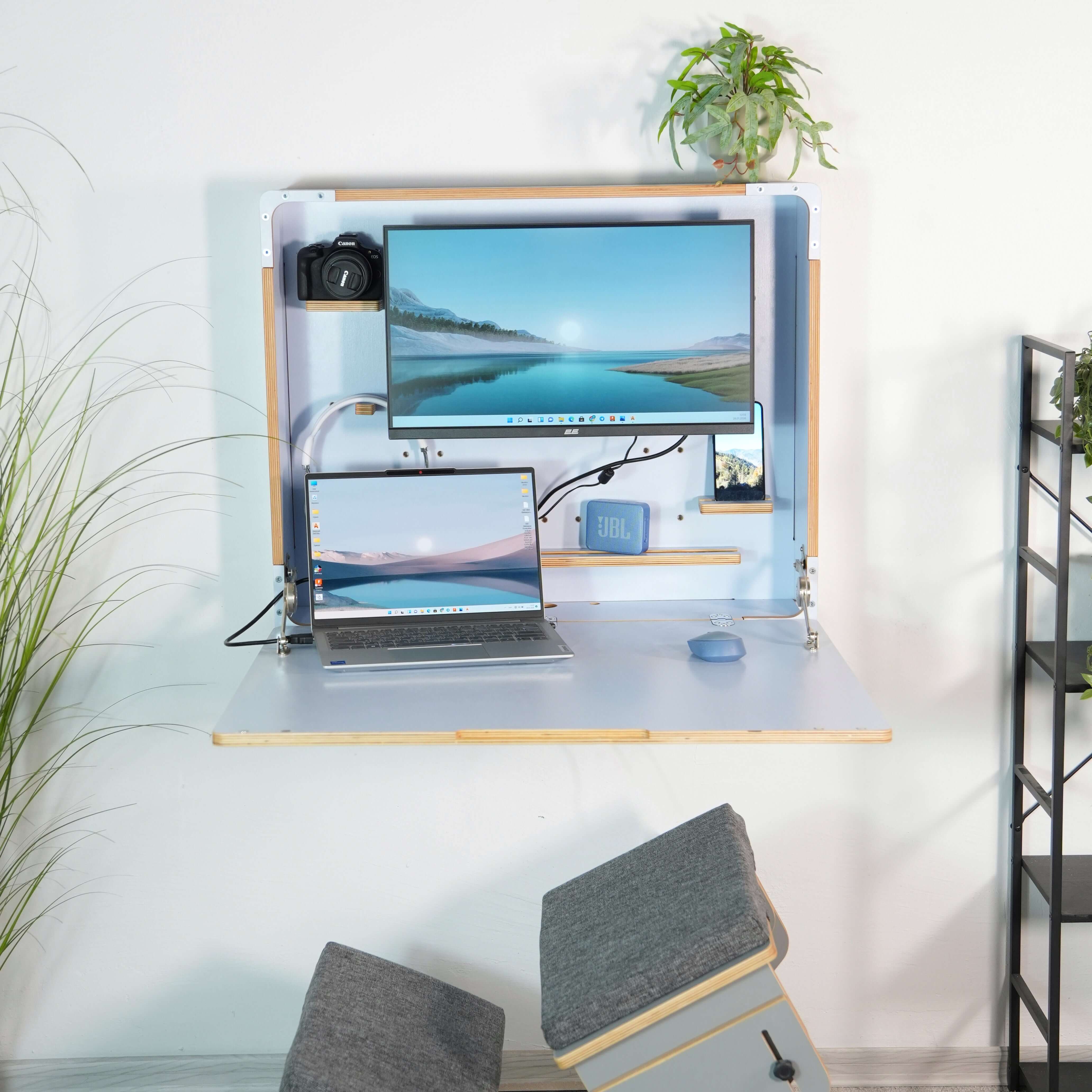Wall Mounted Fold Down Desk | Plywood Floating Workspace with Shelves