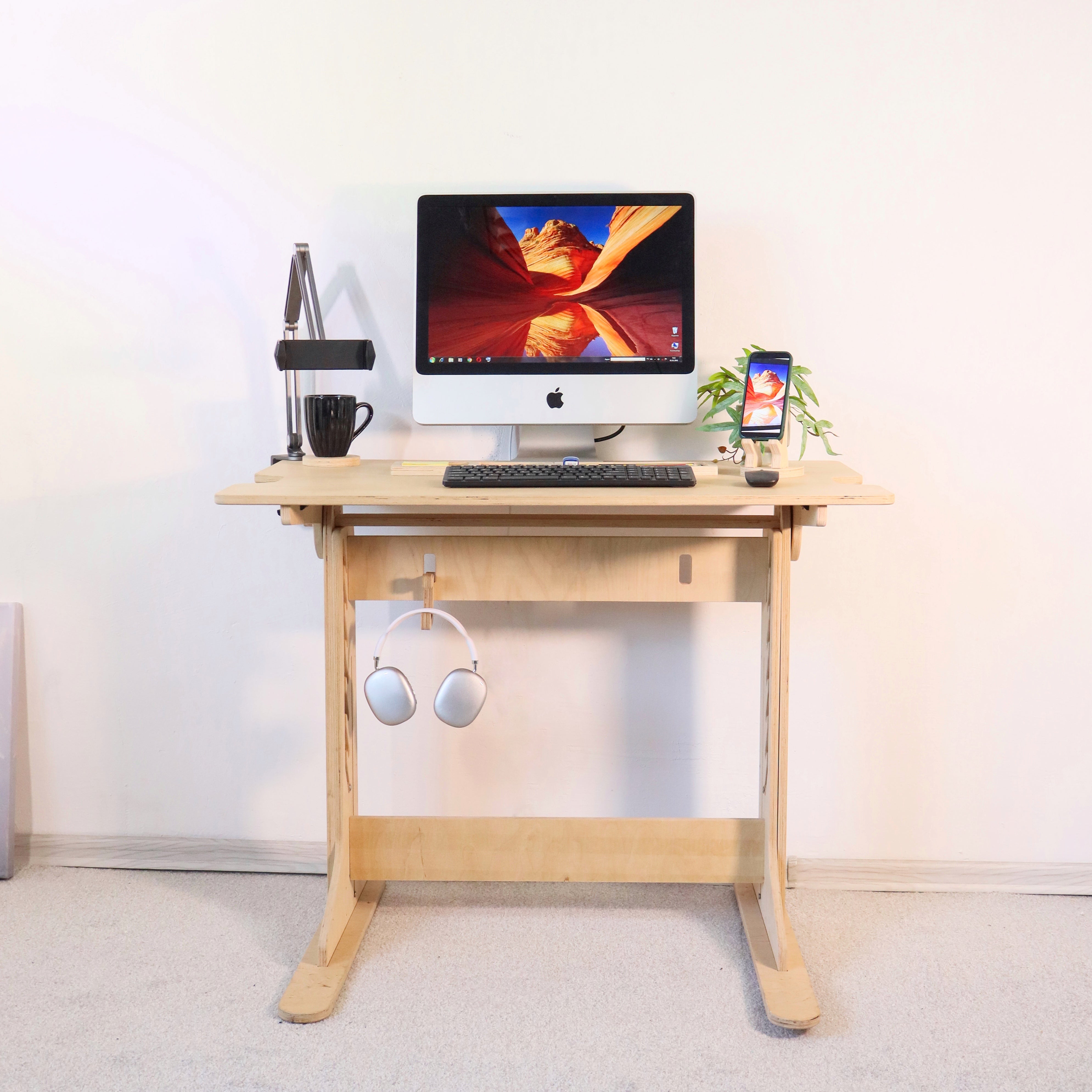Adjustable Plywood Standing Desk | Ergonomic Sit Stand Desk with Shelf