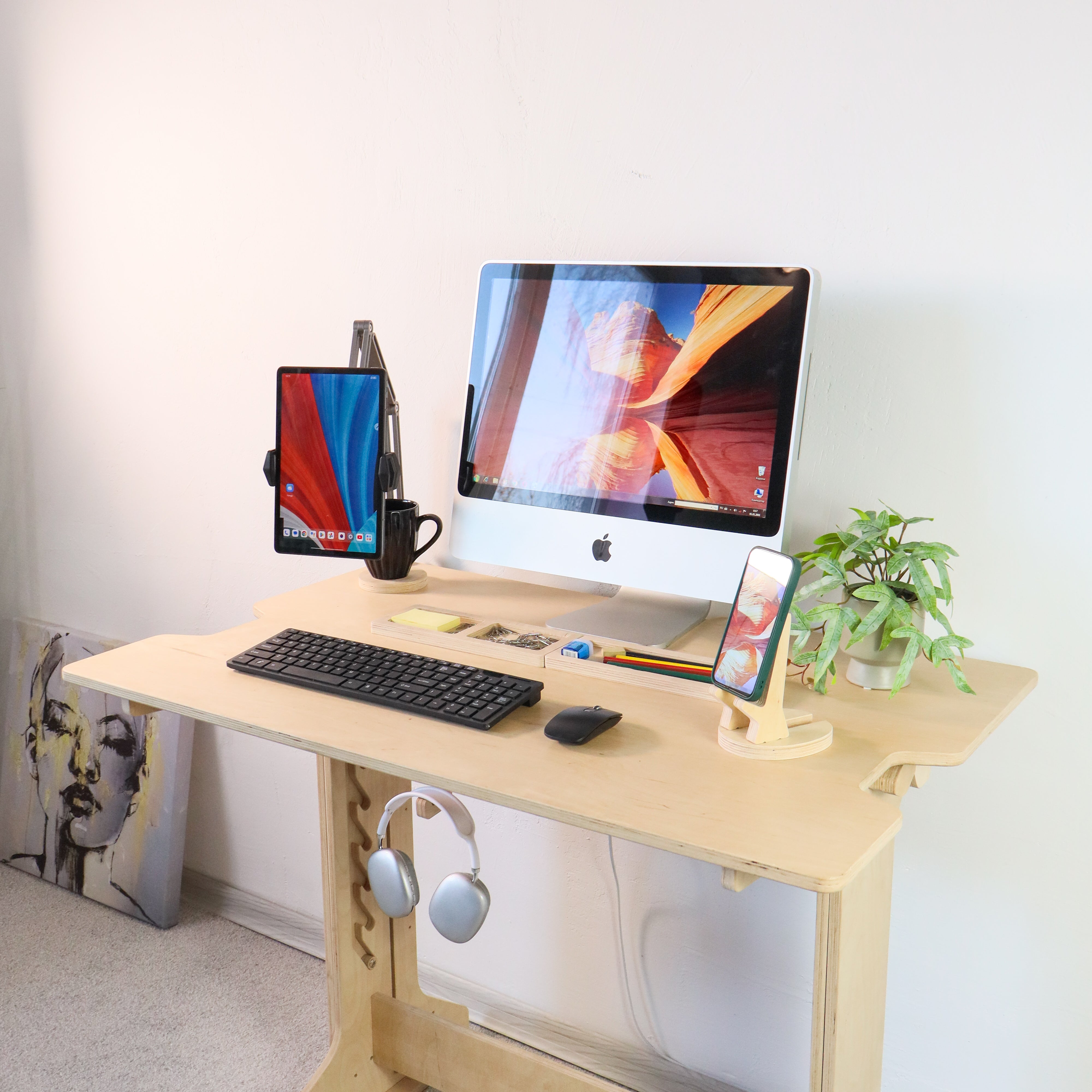 Adjustable Plywood Standing Desk | Ergonomic Sit Stand Desk with Shelf