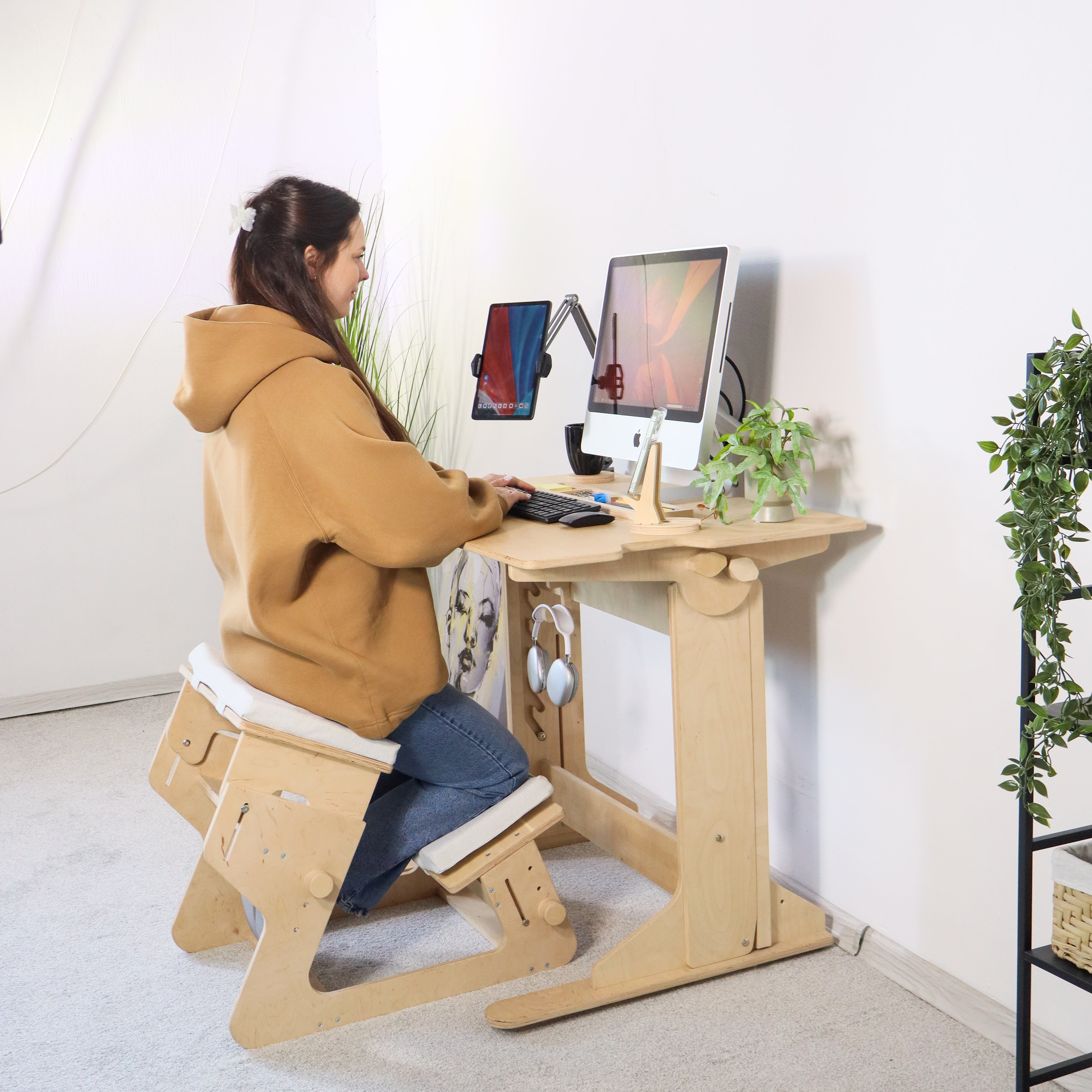Adjustable Plywood Standing Desk | Ergonomic Sit Stand Desk with Shelf
