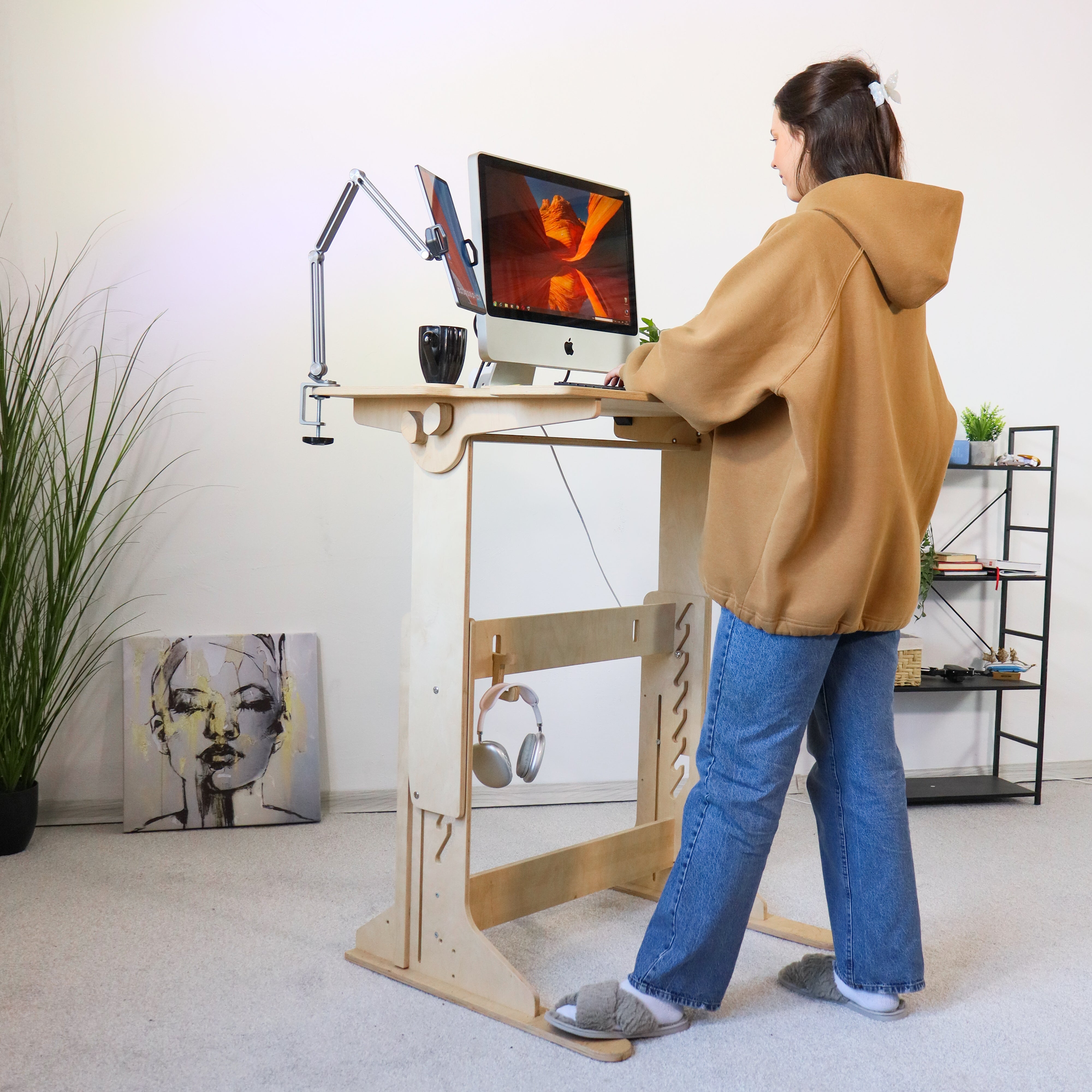Adjustable Plywood Standing Desk | Ergonomic Sit Stand Desk with Shelf