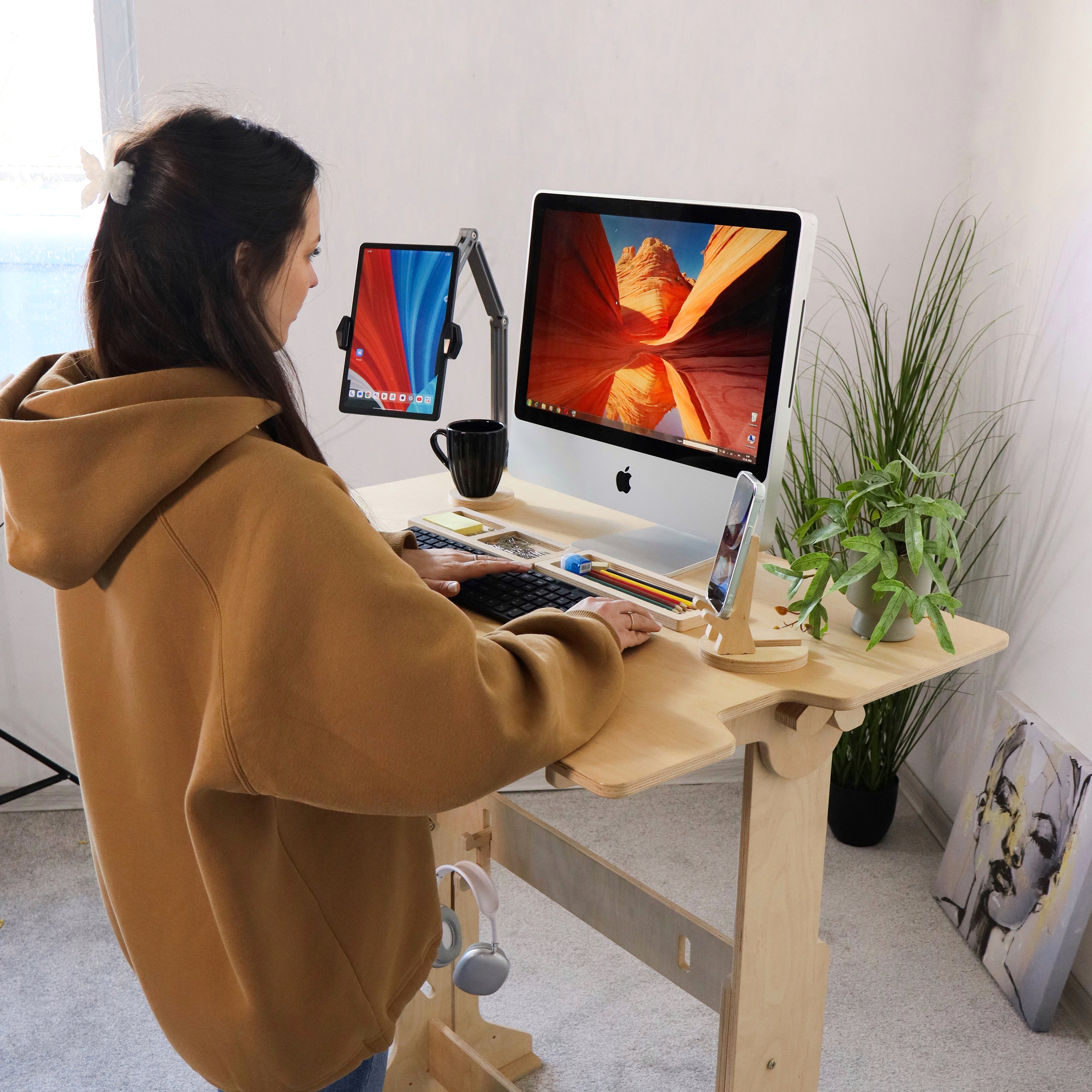 Adjustable Plywood Standing Desk | Ergonomic Sit Stand Desk with Shelf