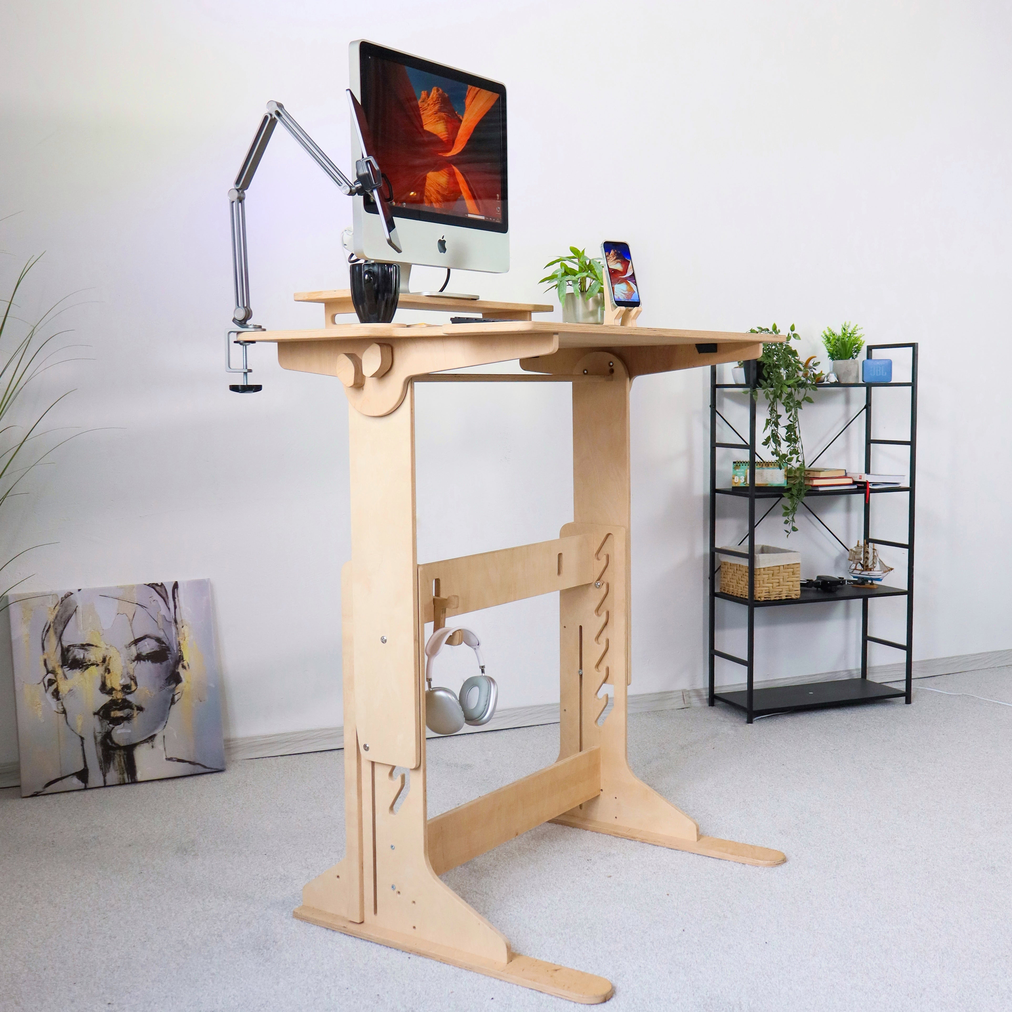 Adjustable Plywood Standing Desk | Ergonomic Sit Stand Desk with Shelf