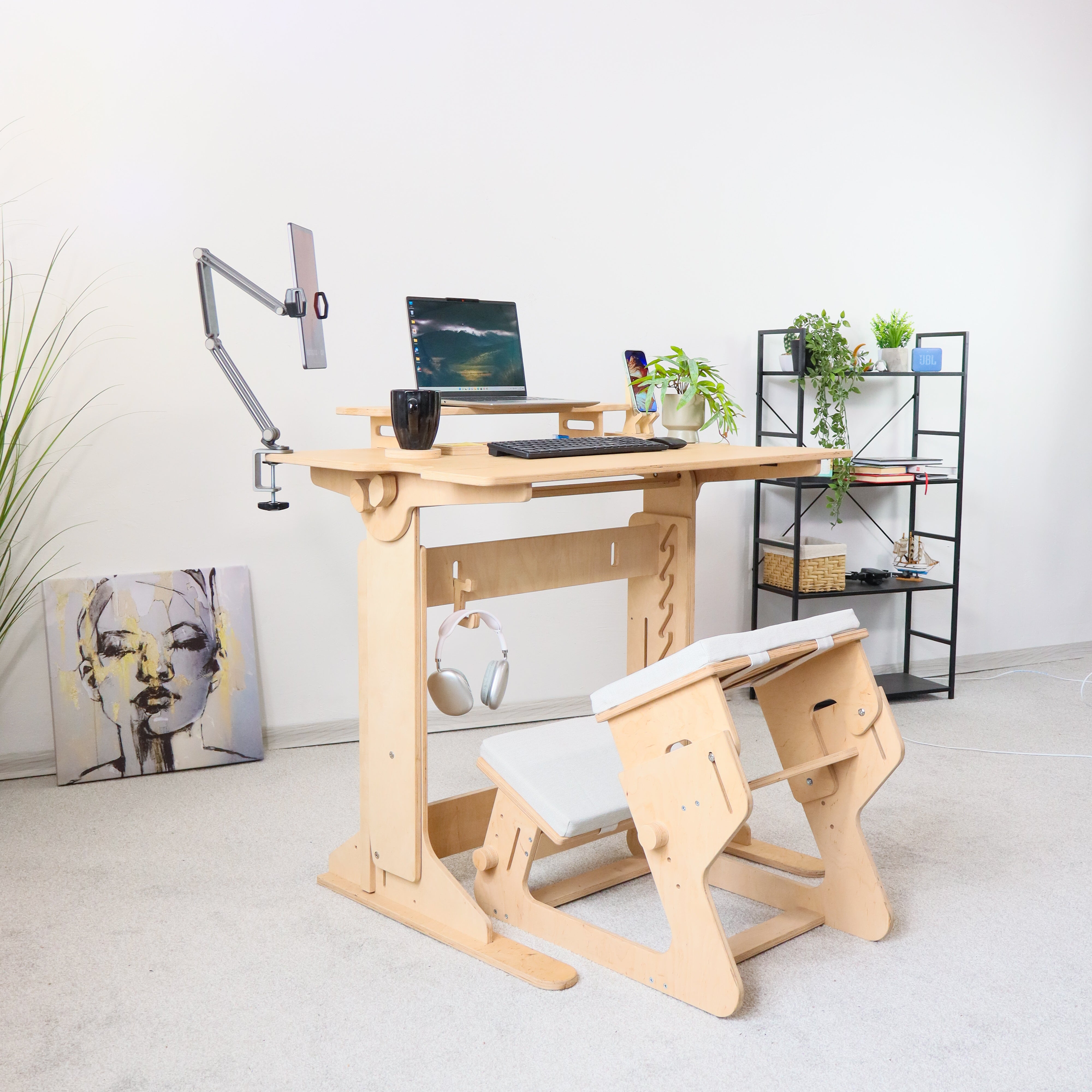 Adjustable Plywood Standing Desk | Ergonomic Sit Stand Desk with Shelf