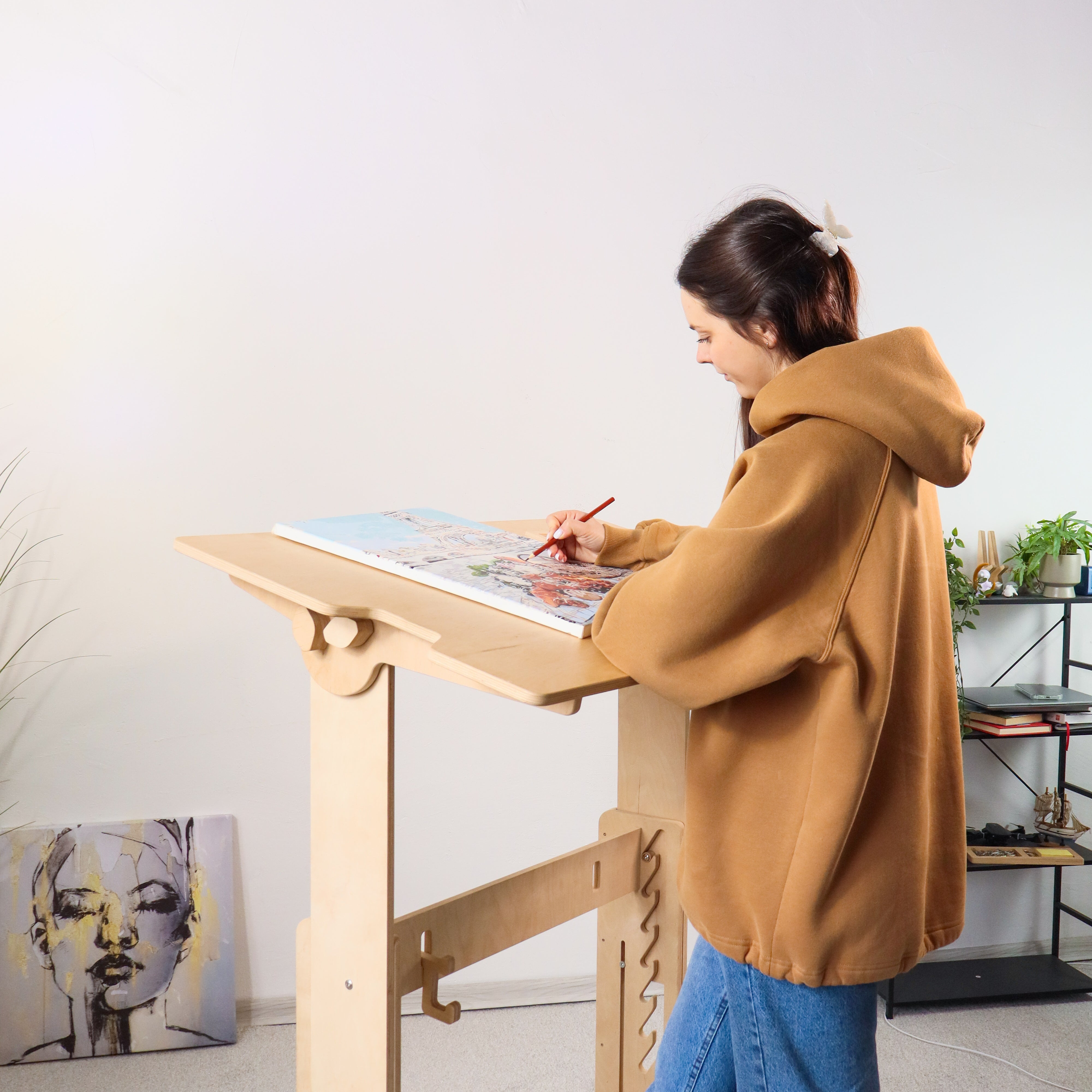 Adjustable Plywood Standing Desk | Ergonomic Sit Stand Desk with Shelf