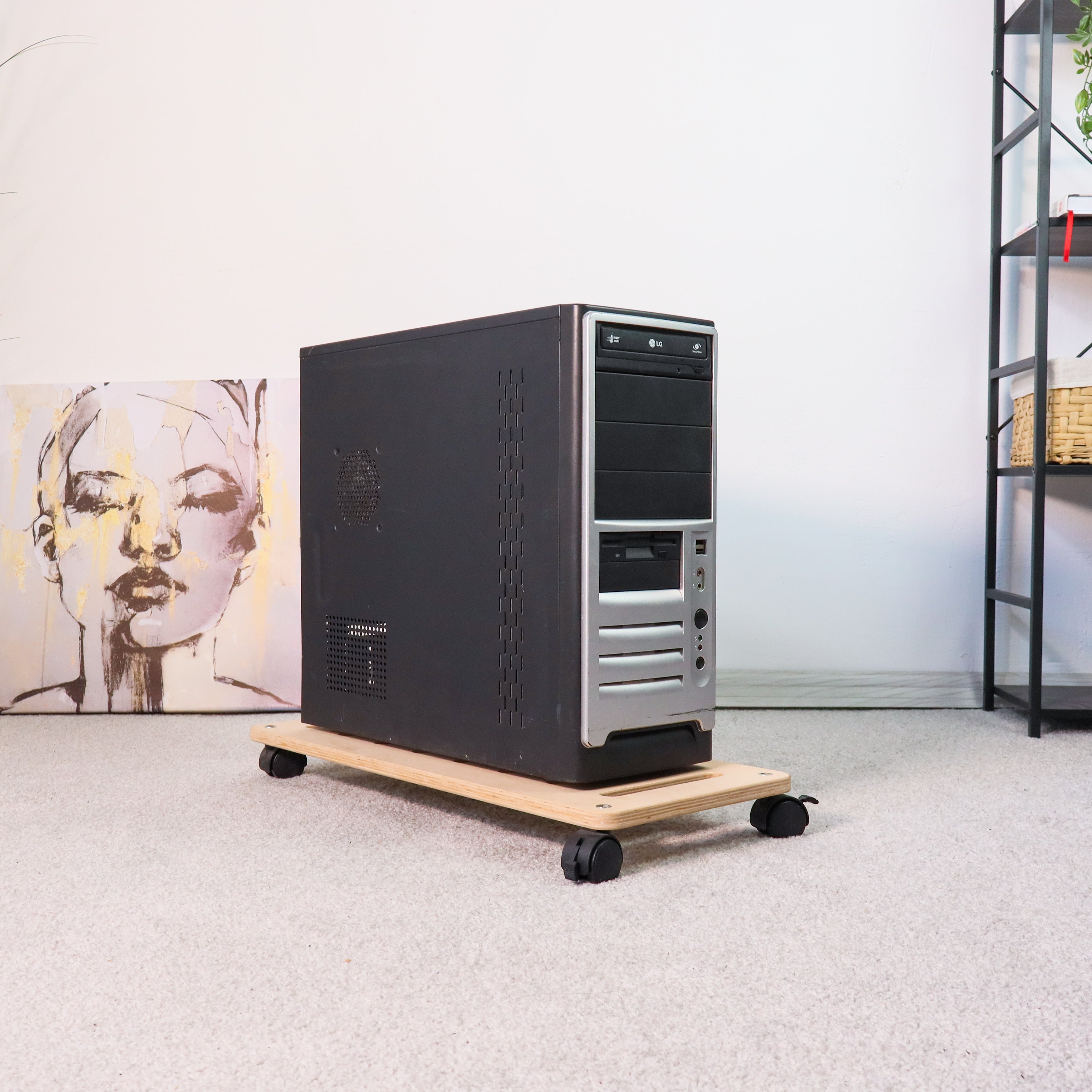 Wooden PC Tower Stand with Wheels and Locking Brakes