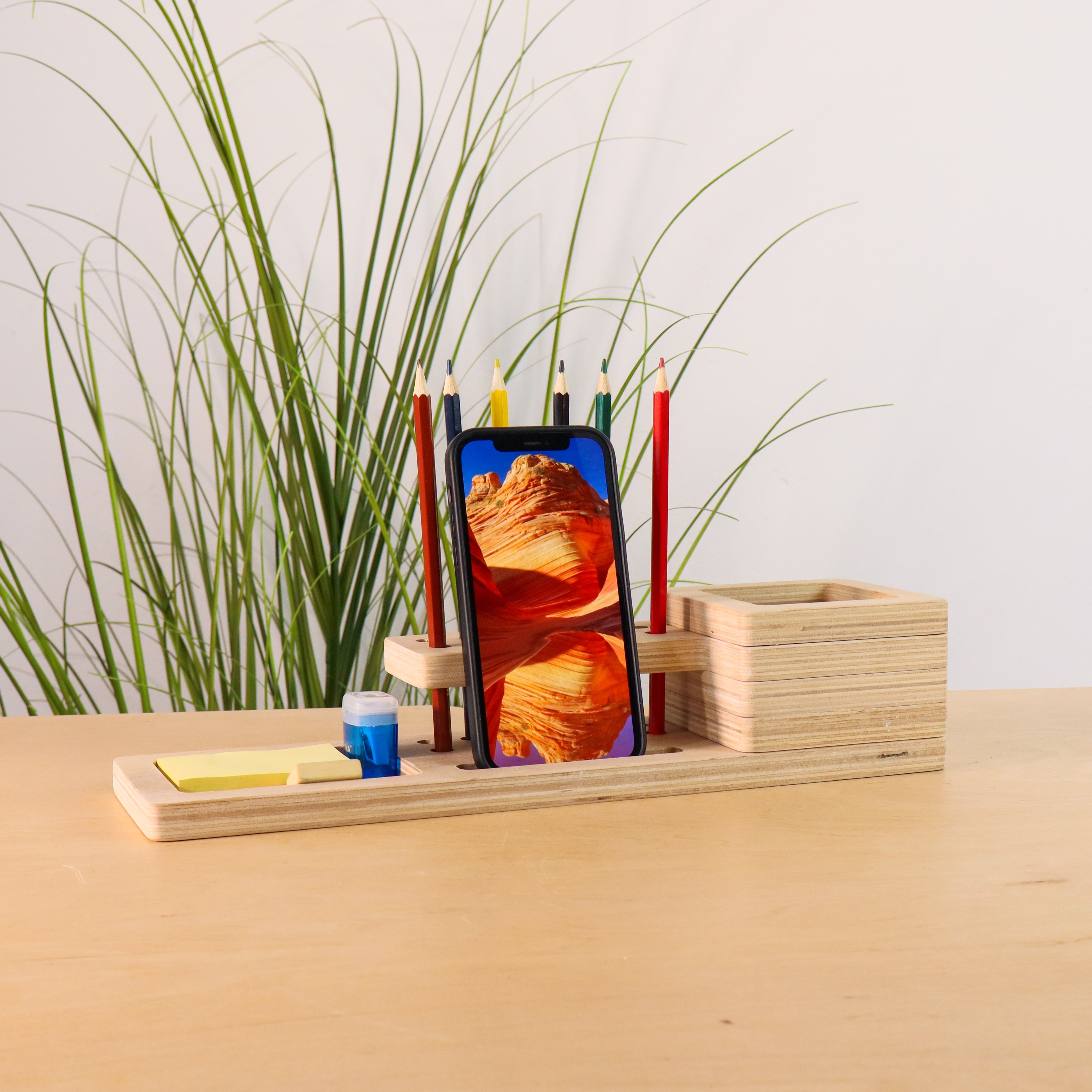Wooden Desk Organizer with Compact Stationery Storage