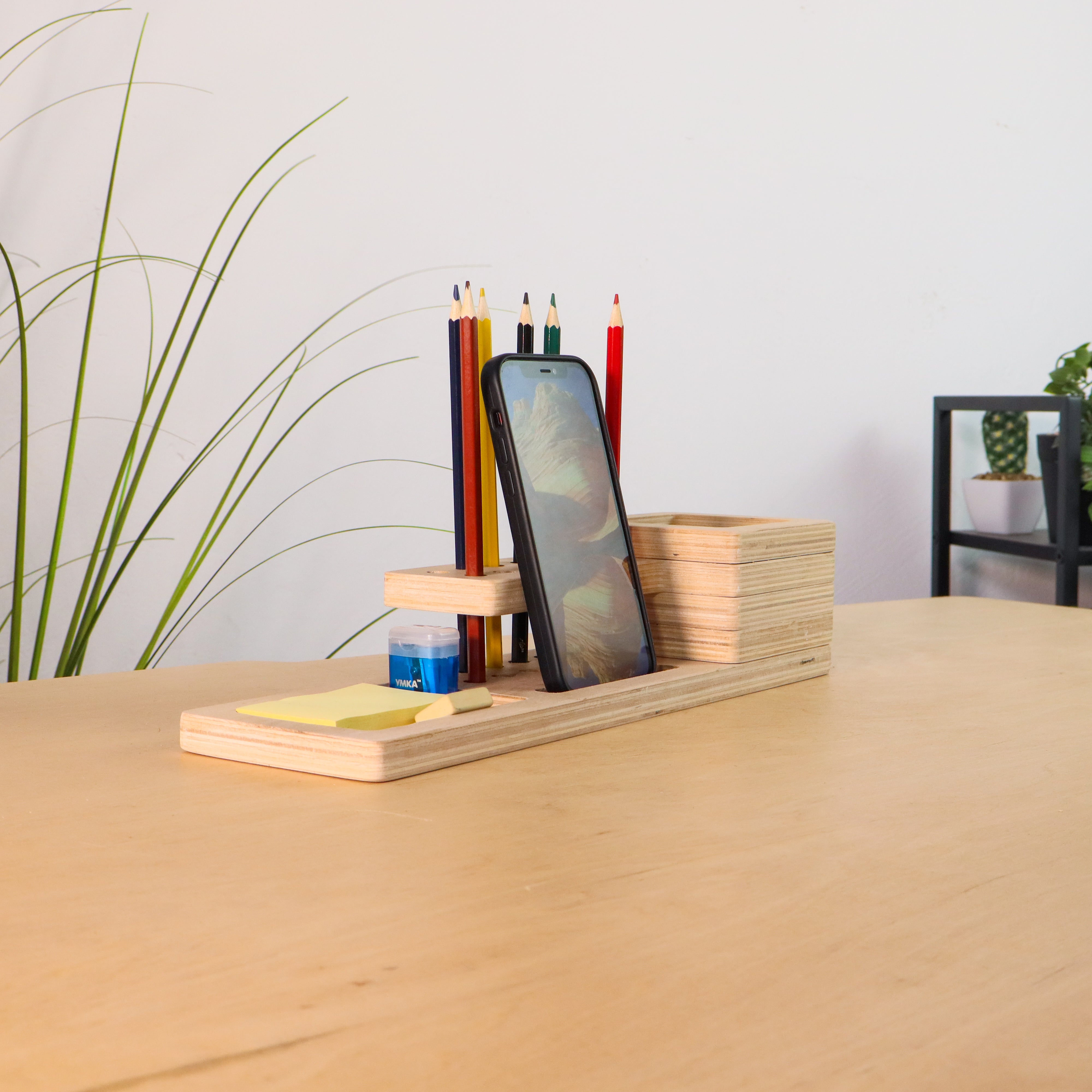 Wooden Desk Organizer with Compact Stationery Storage