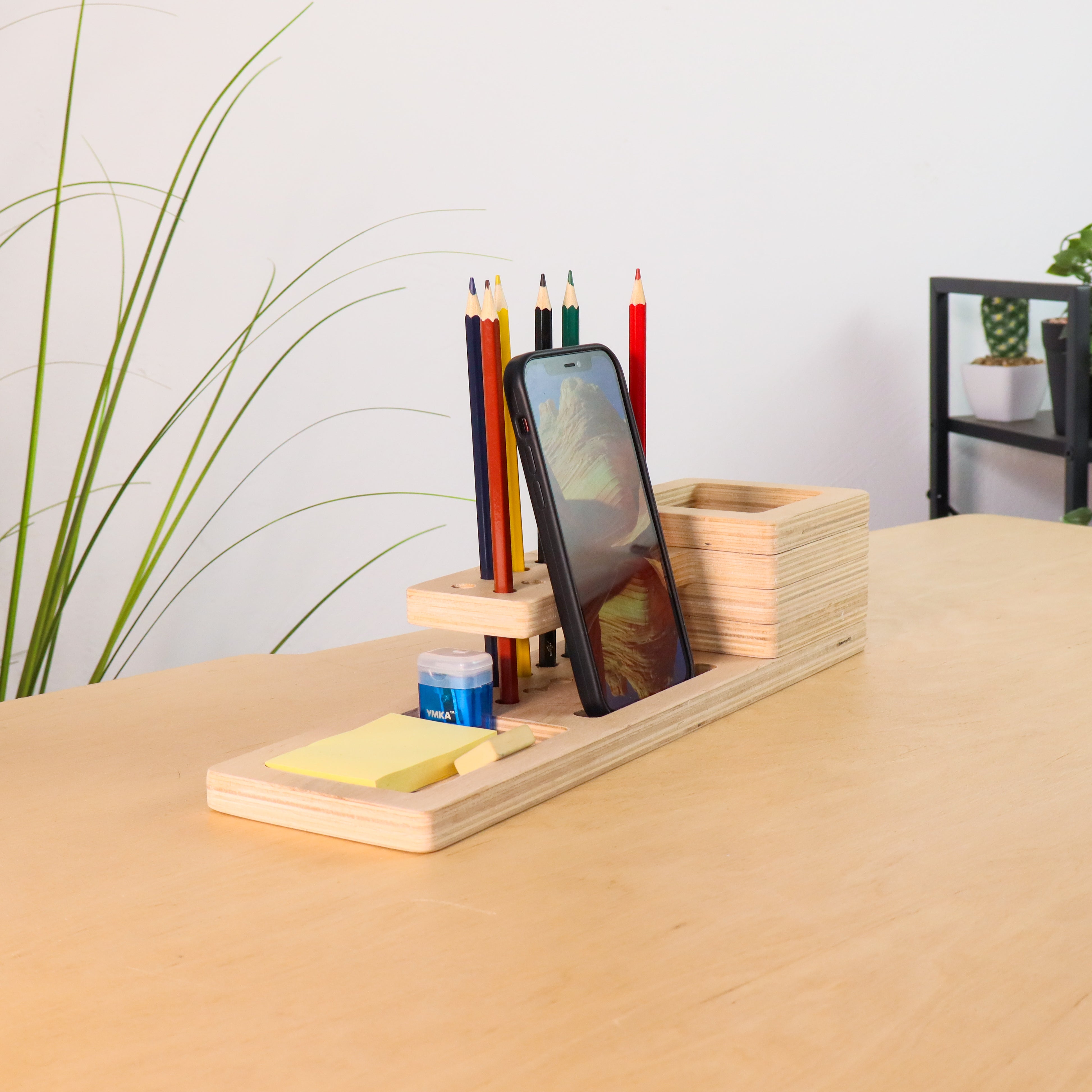 Wooden Desk Organizer with Compact Stationery Storage