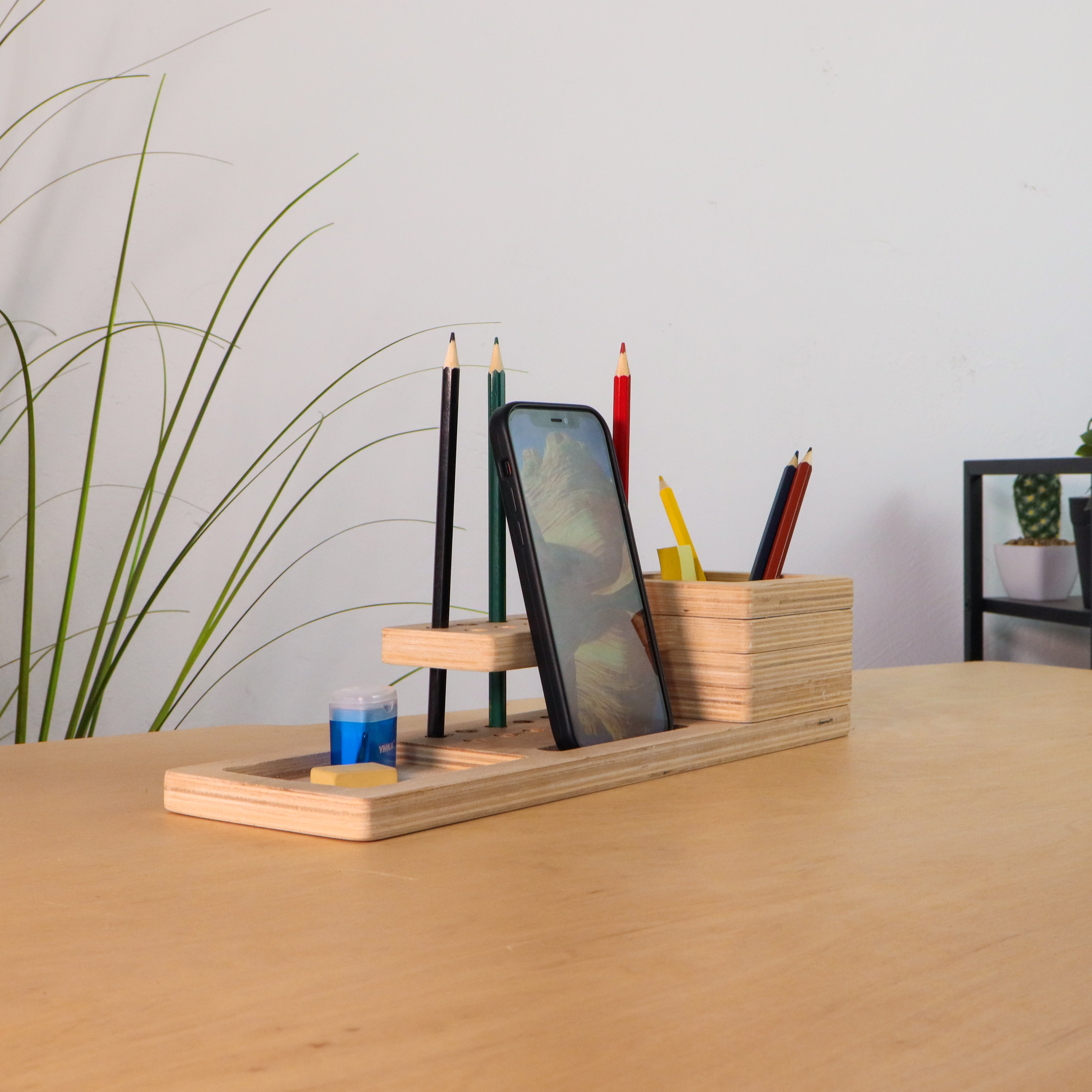 Wooden Desk Organizer with Compact Stationery Storage