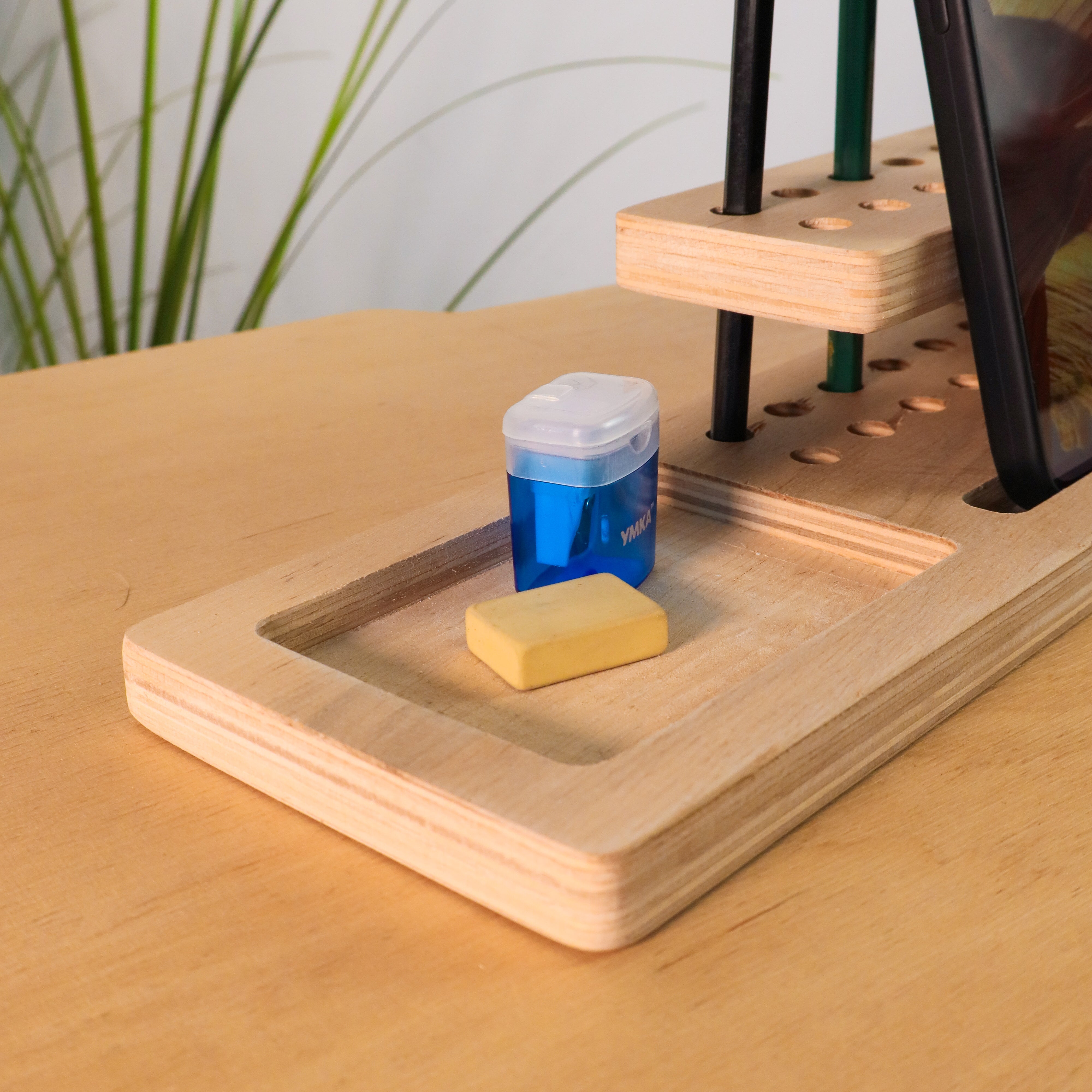 Wooden Desk Organizer with Compact Stationery Storage