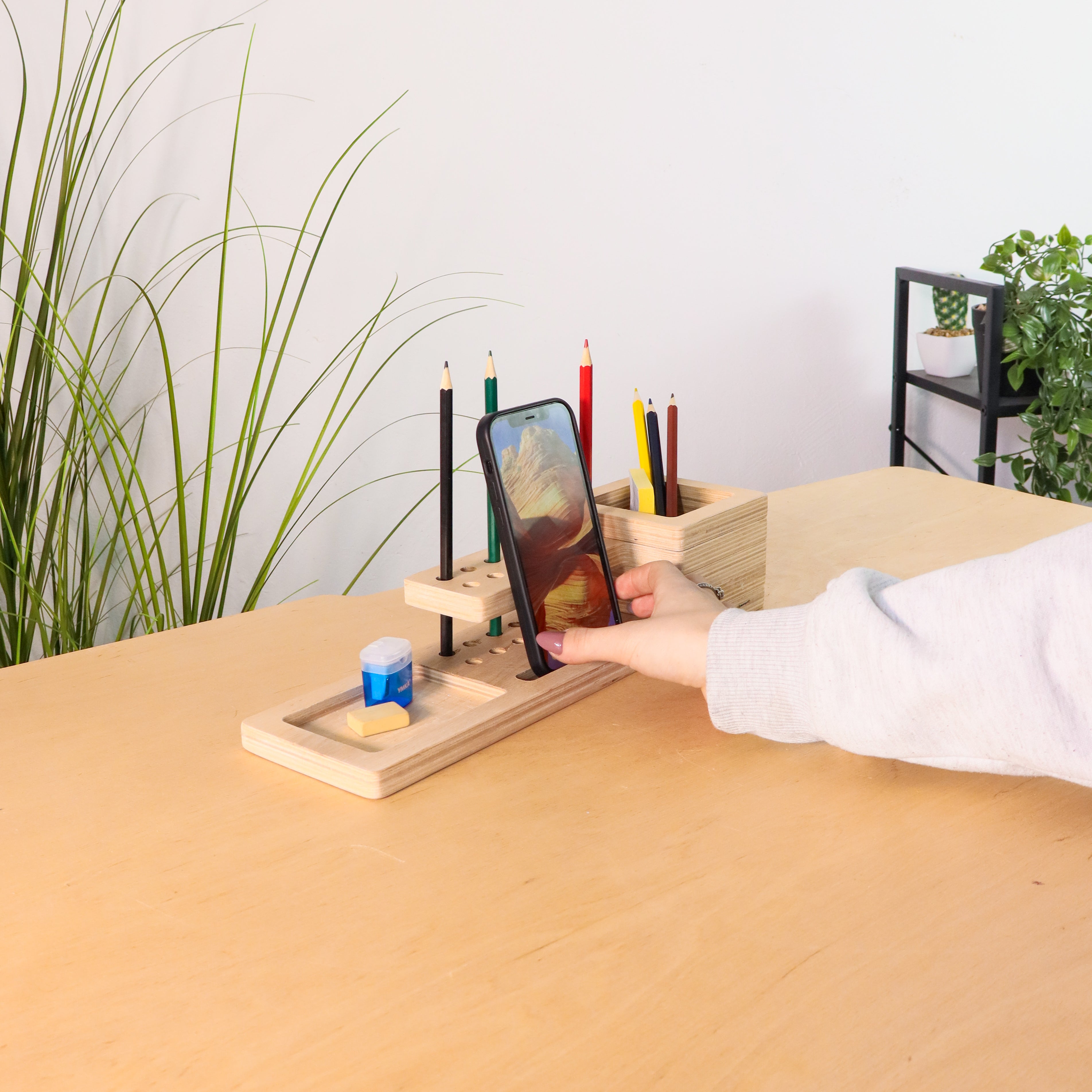 Wooden Desk Organizer with Compact Stationery Storage