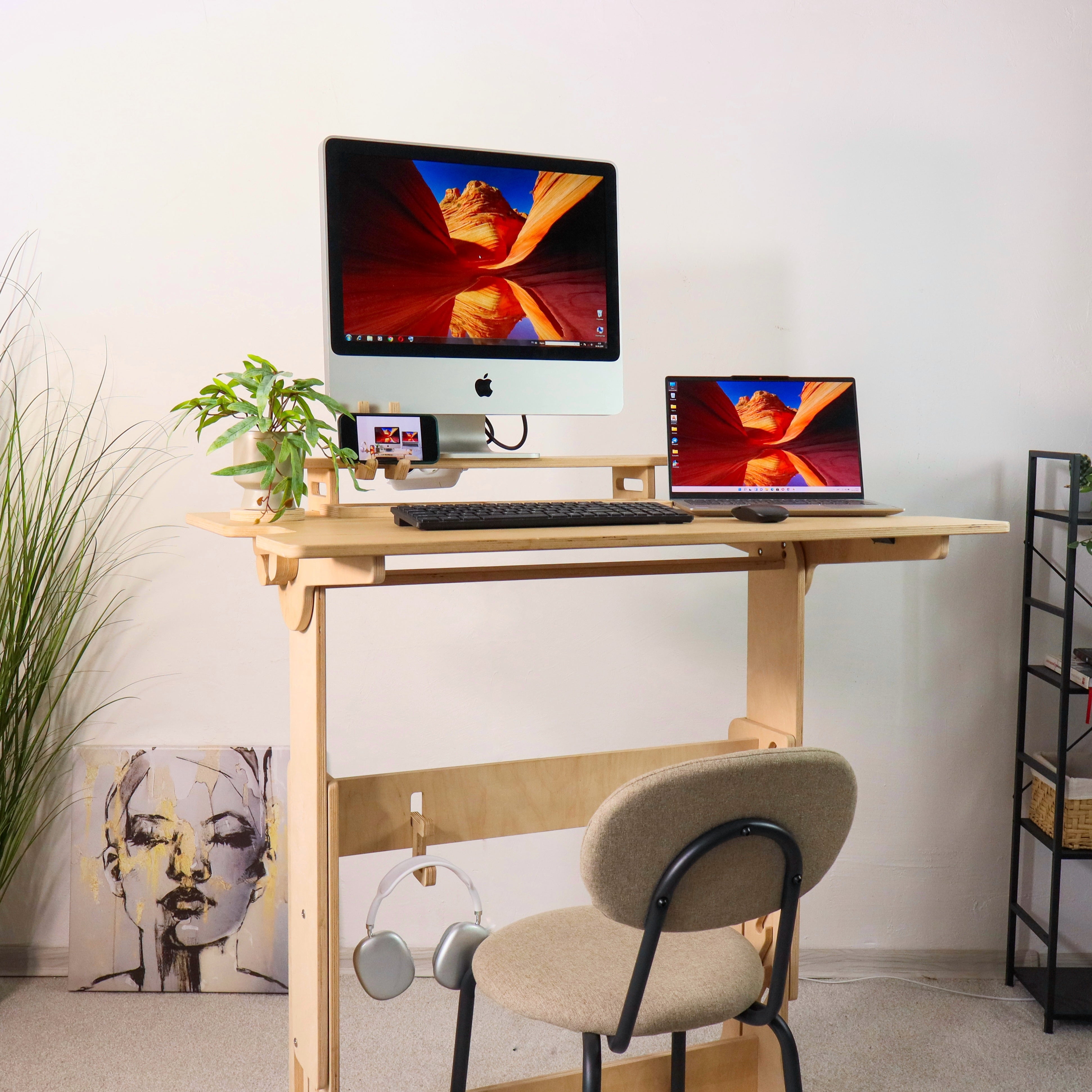 Adjustable Plywood Standing Desk | Ergonomic Sit Stand Desk with Shelf