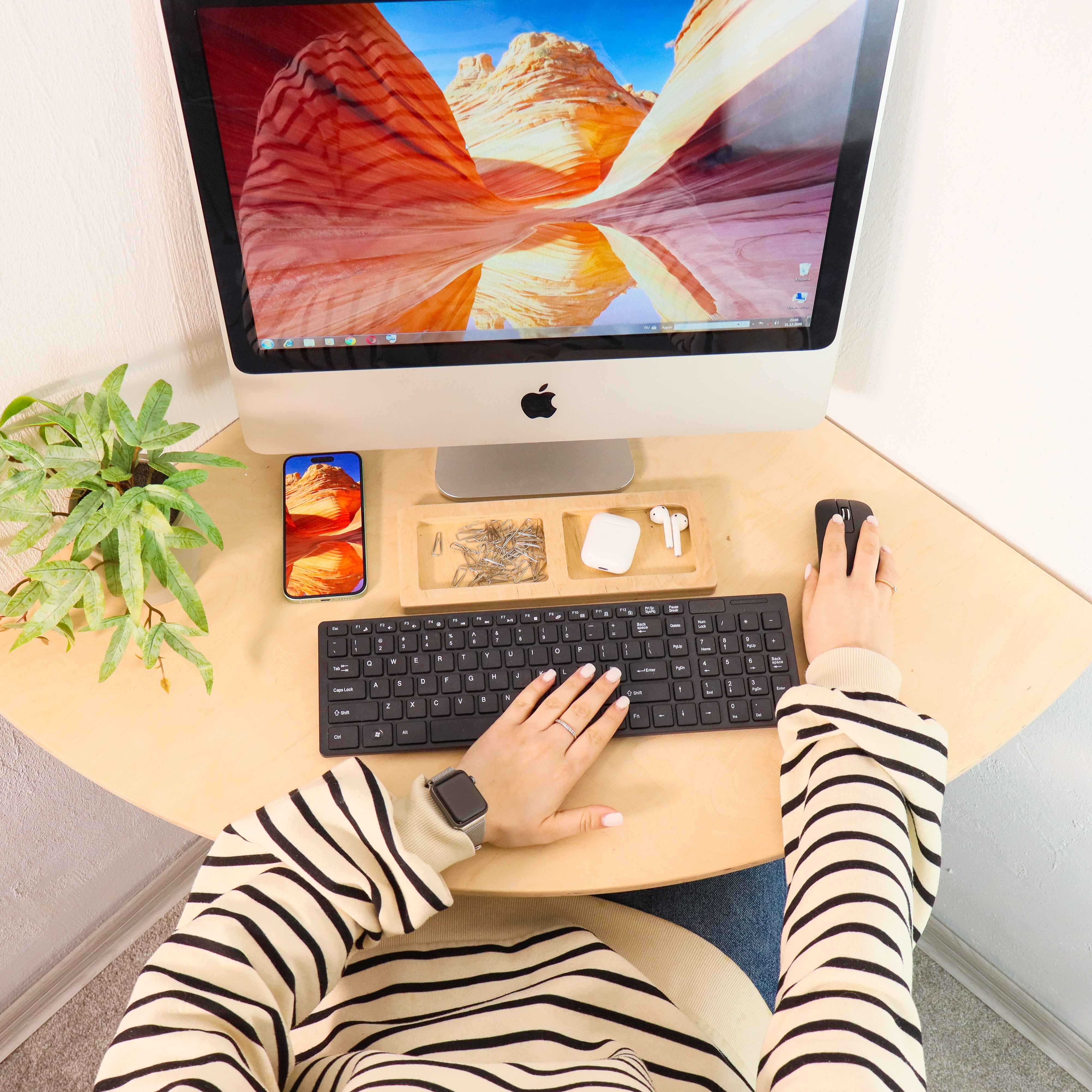 Person using a computer with a scenic wallpaper on a desk, surrounded by a plant and smartphone.