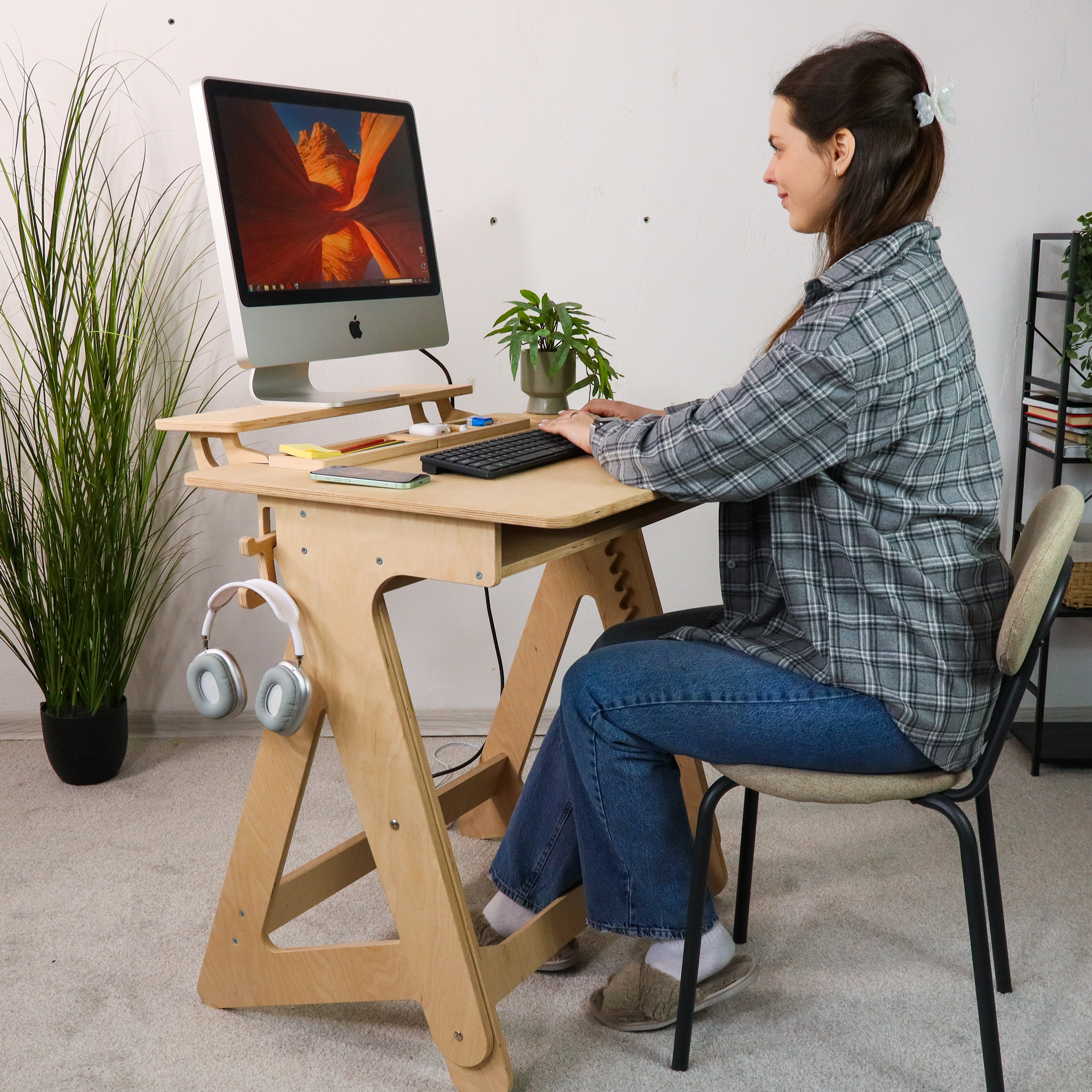 Adjustable Plywood Standing Desk | Compact Ergonomic Sit Stand Desk