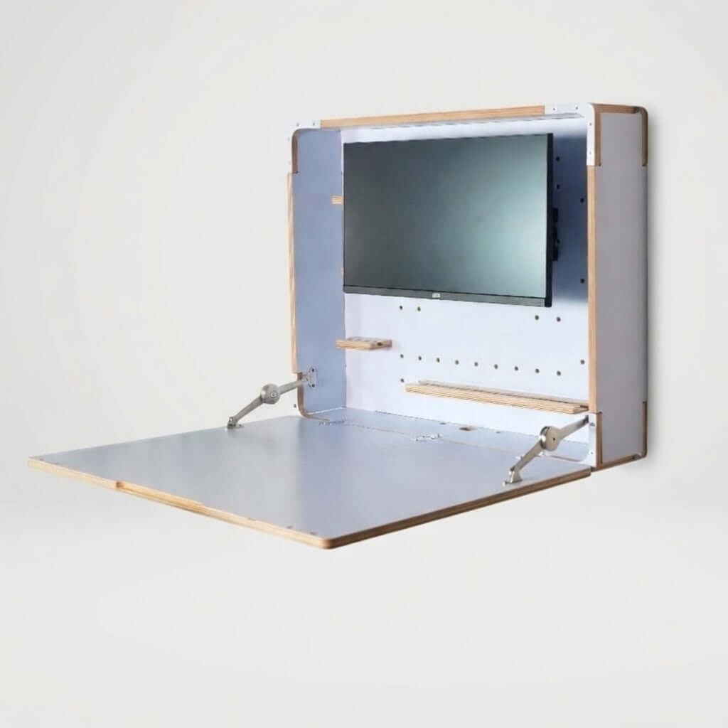 Wall Mounted Fold Down Desk | Plywood Floating Workspace with Shelves