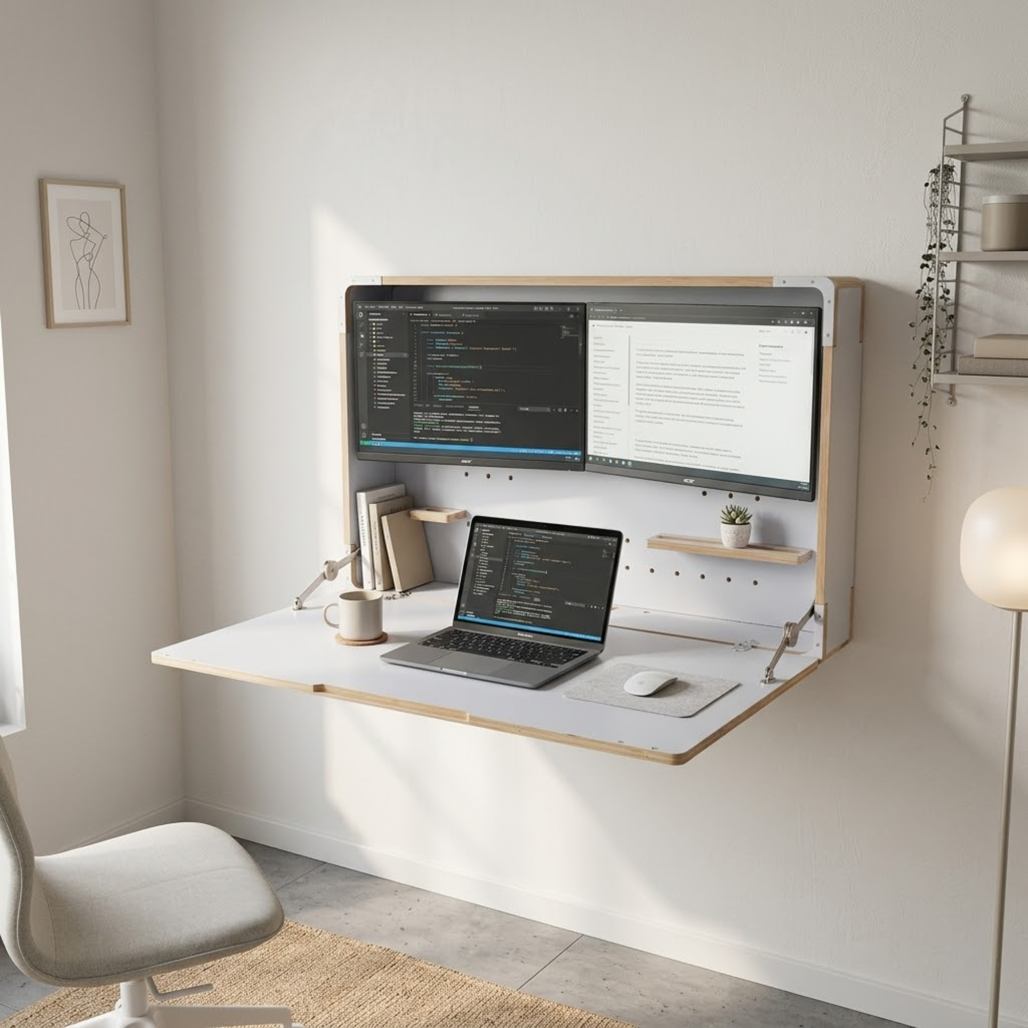 A modern floating desk setup mounted on a light gray wall, featuring a white desktop with a wooden frame, two wall-mounted monitor arms holding dual monitors, a laptop, books, and small shelf accessories in a bright home office.