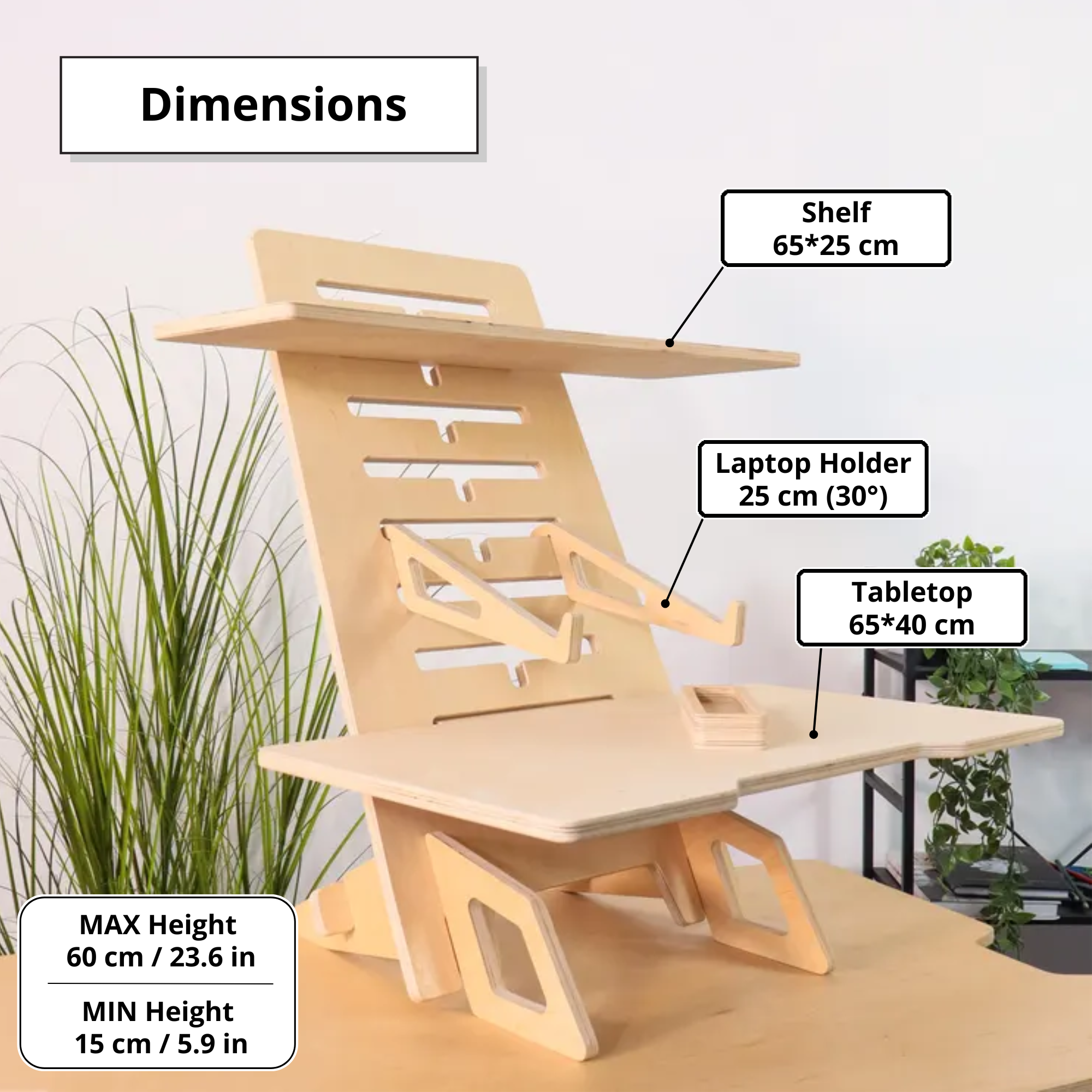 Tragbarer verstellbarer Stehschreibtisch für Laptops – Ergonomischer Arbeitsplatz aus Holz