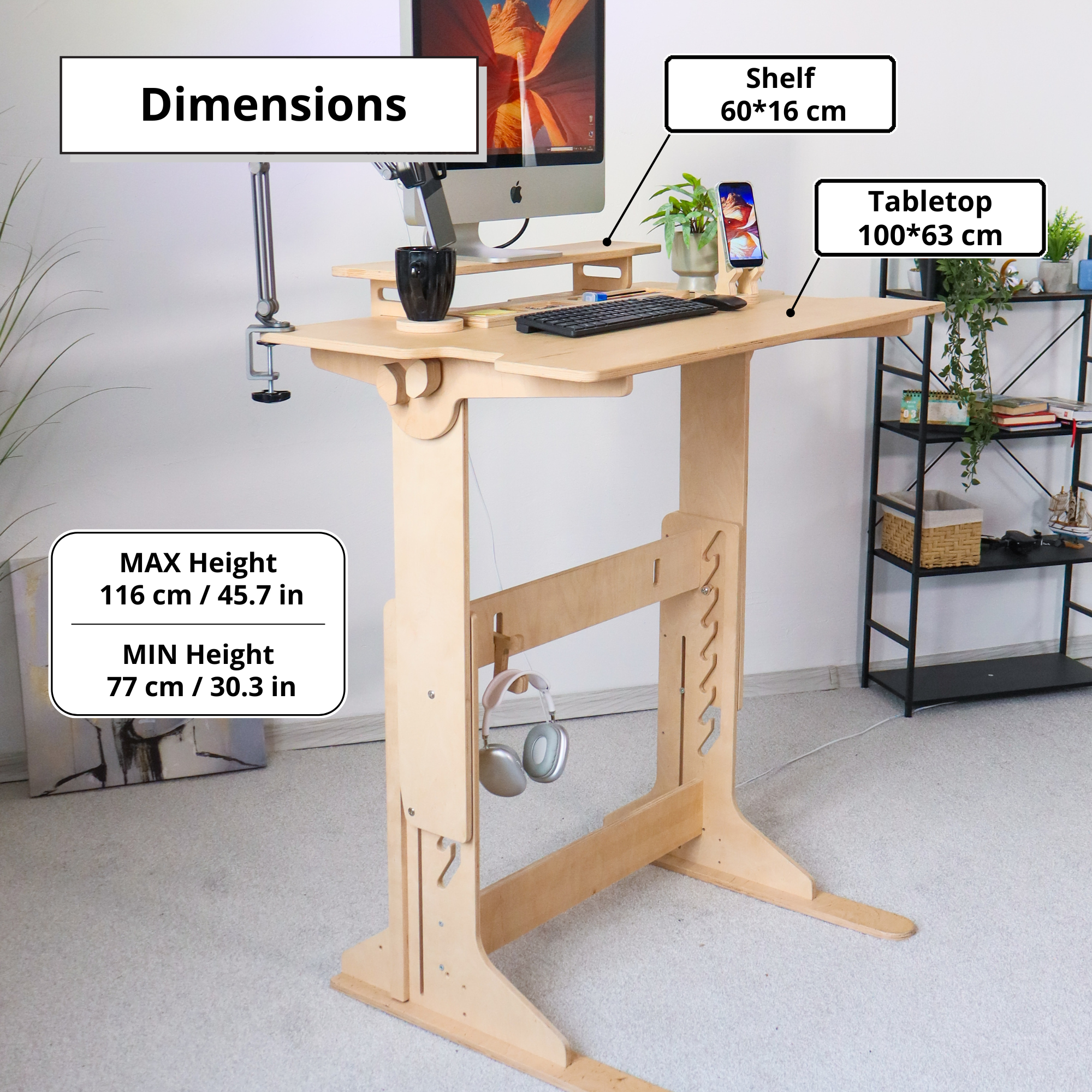 Adjustable Plywood Standing Desk | Ergonomic Sit Stand Desk with Shelf