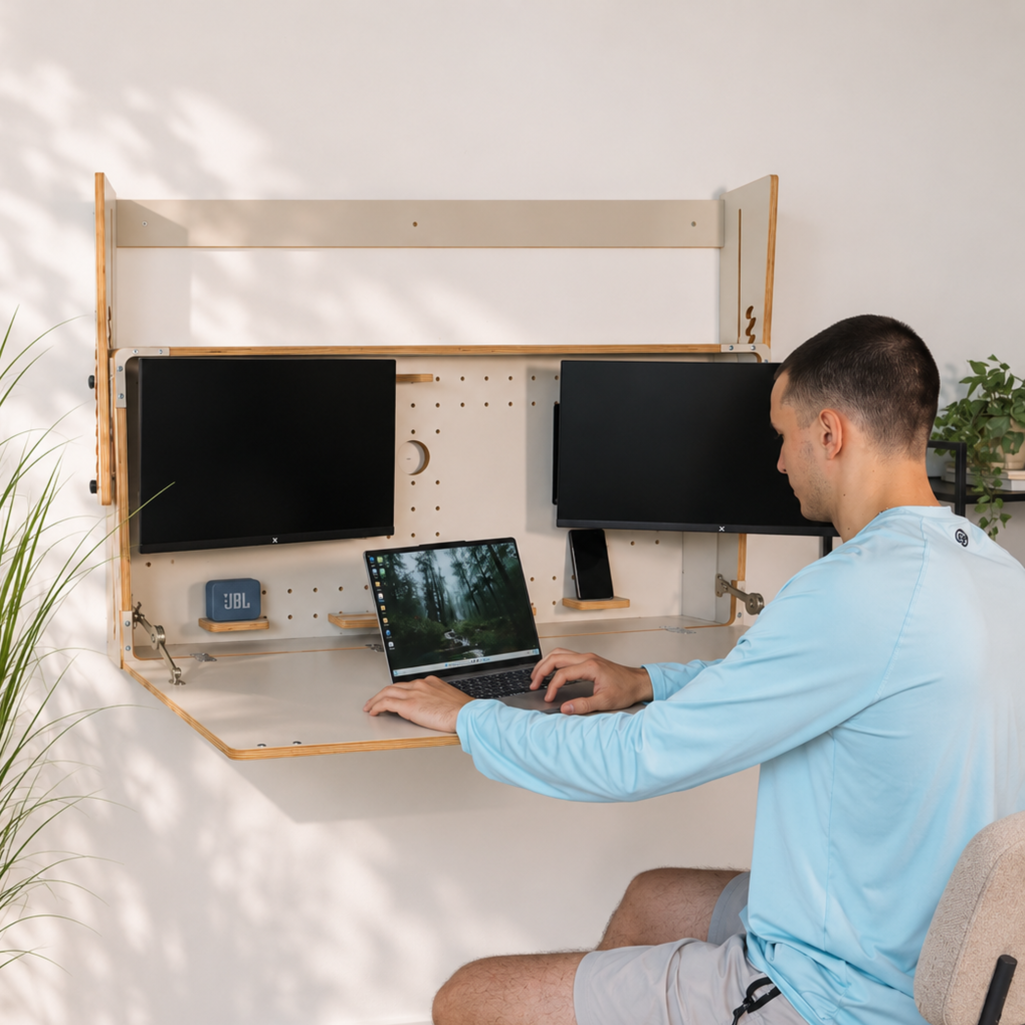 Adjustable Dual Monitor Murphy Desk | Wall Mounted Desk for Two 24″ Monitors