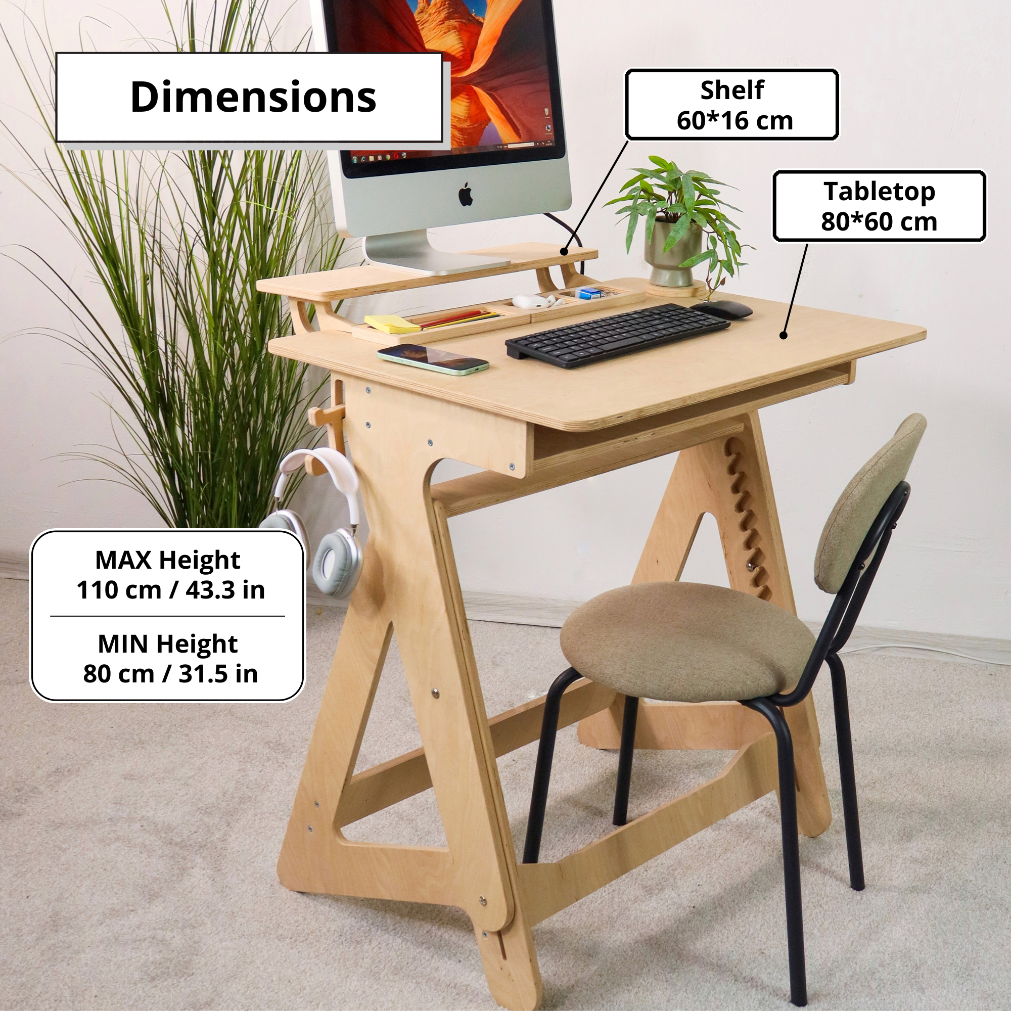 Adjustable Plywood Standing Desk | Compact Ergonomic Sit Stand Desk