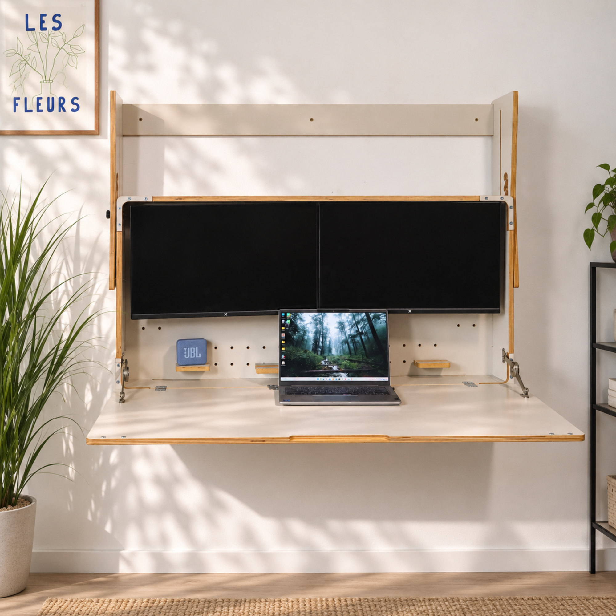 Adjustable Dual Monitor Murphy Desk | Wall Mounted Desk for Two 24″ Monitors Collage
