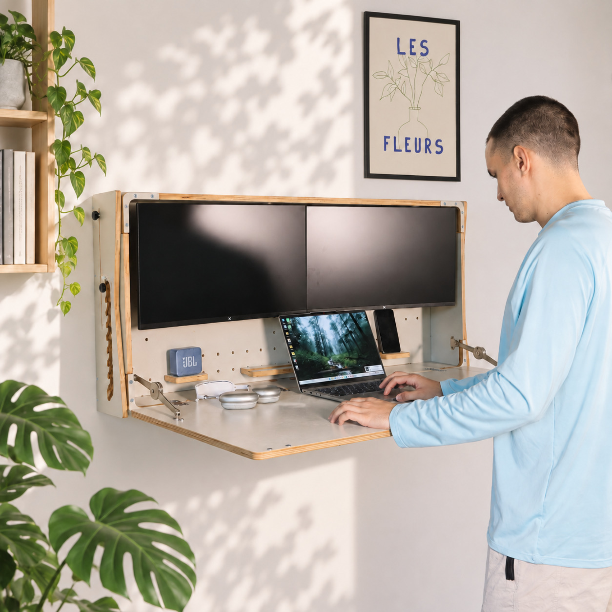 Adjustable Dual Monitor Murphy Desk | Wall Mounted Desk for Two 24″ Monitors