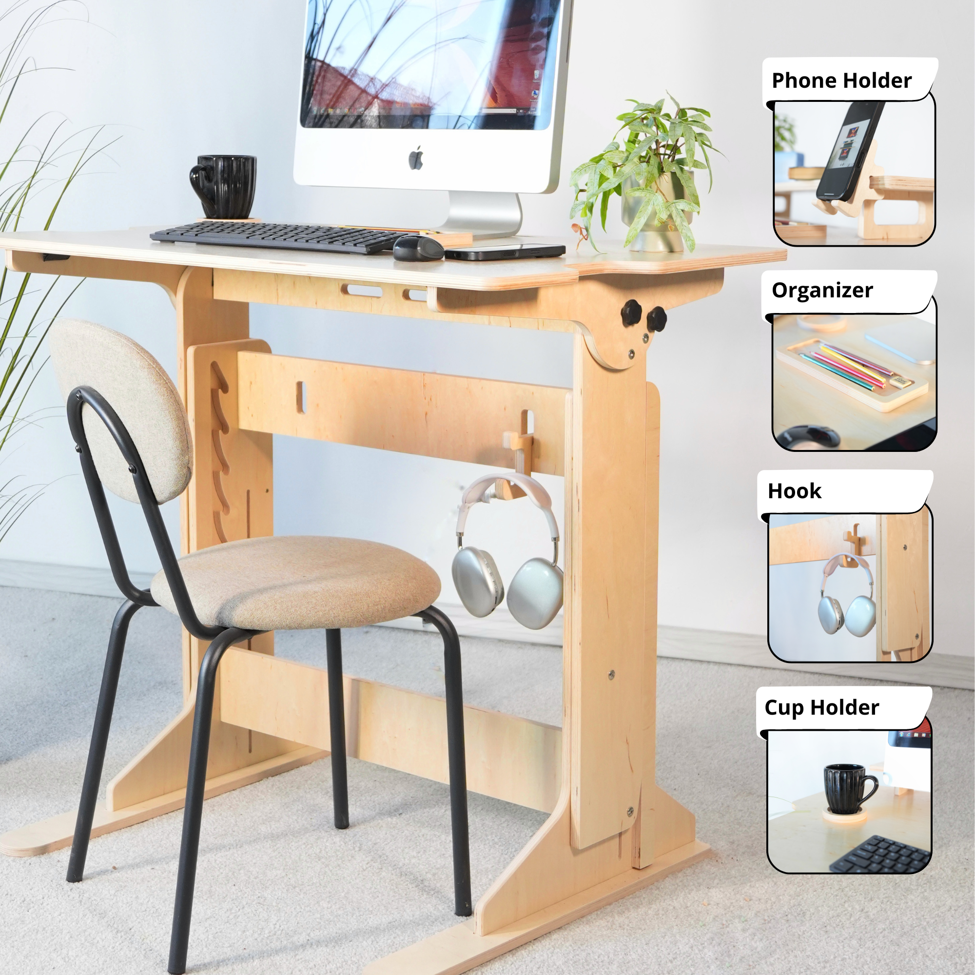 Adjustable Plywood Standing Desk | Ergonomic Sit Stand Desk with Shelf