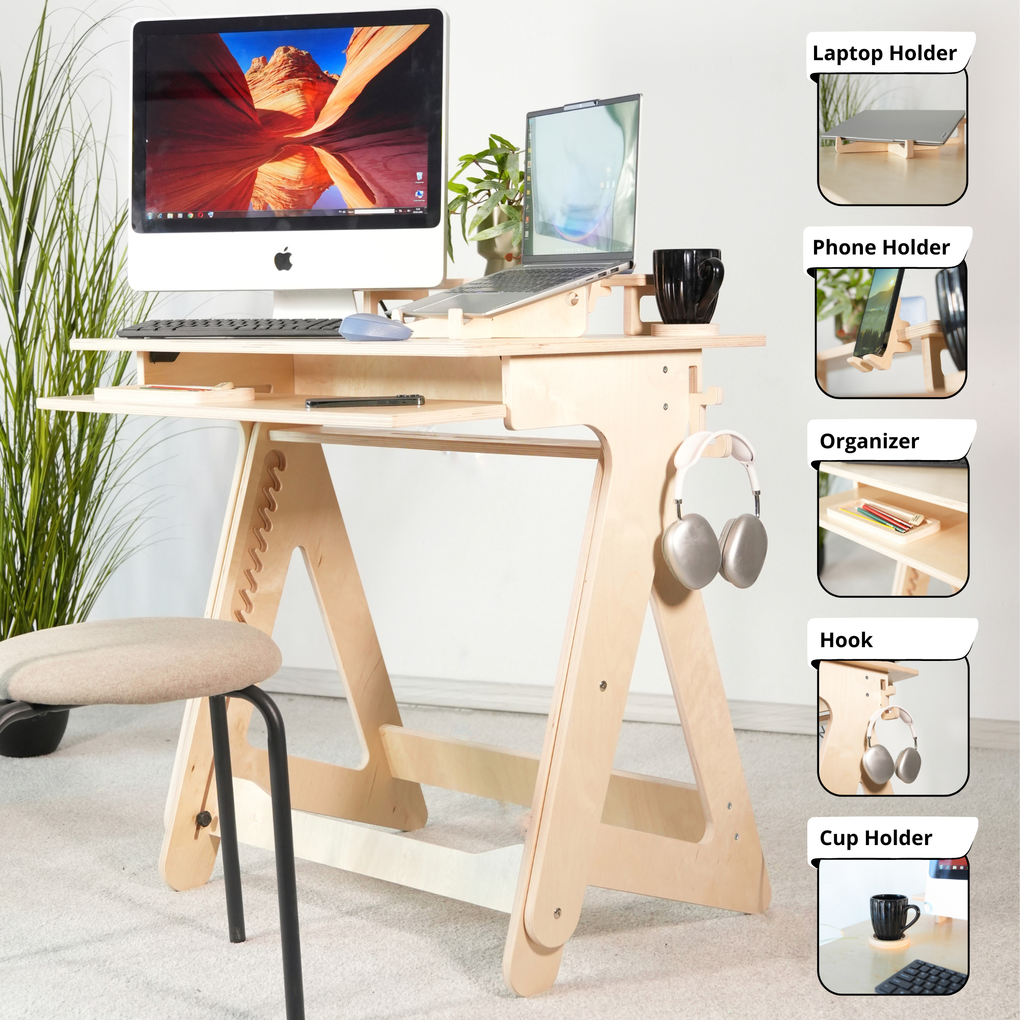 Adjustable Plywood Standing Desk | Compact Ergonomic Sit Stand Desk