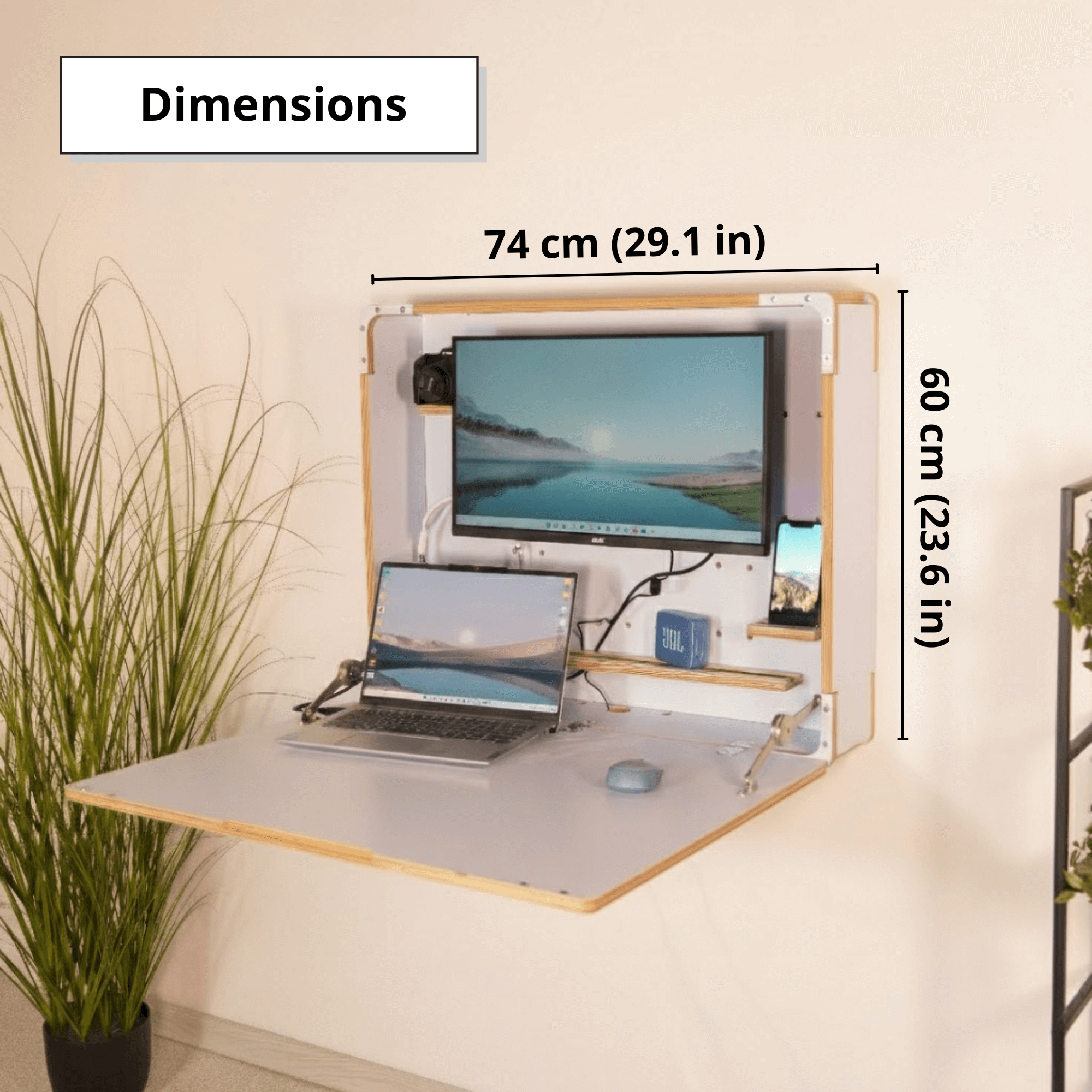 Wall Mounted Fold Down Desk | Plywood Floating Workspace with Shelves