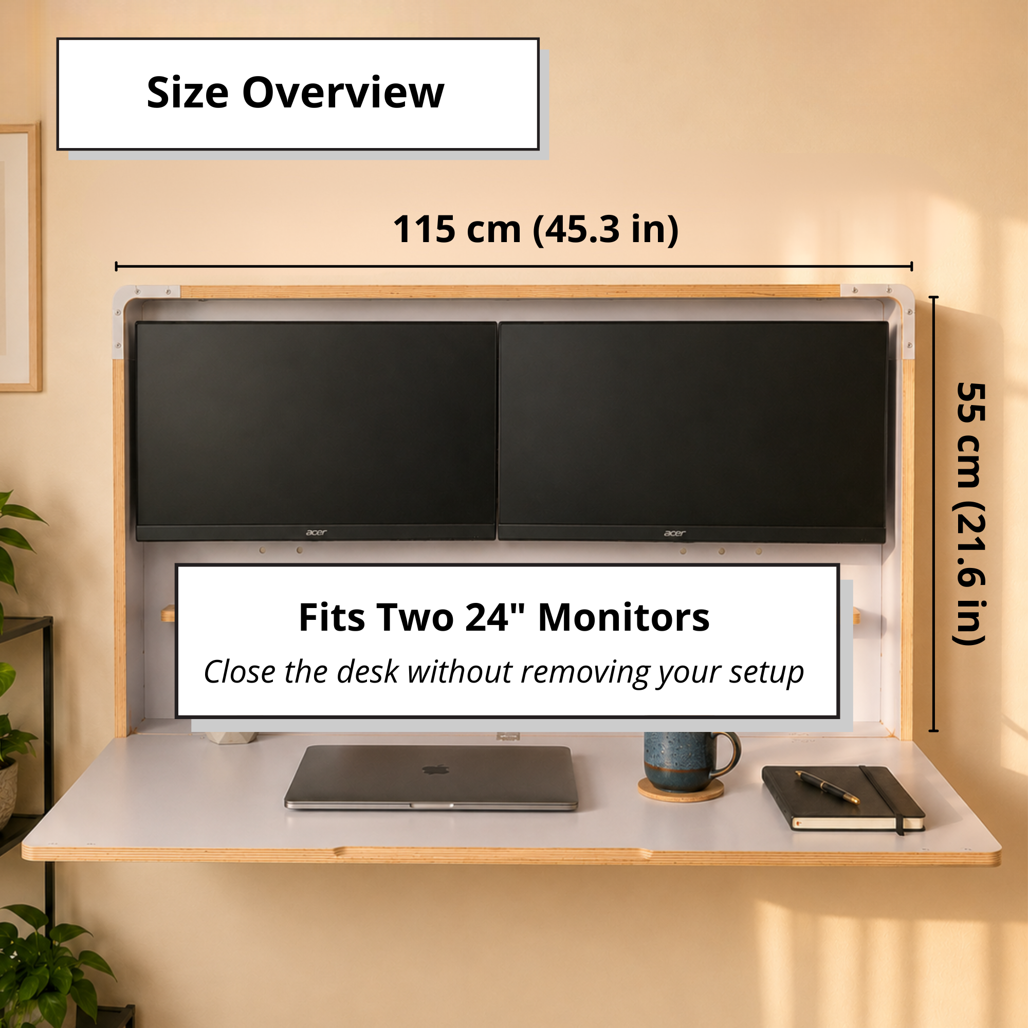 Dual Monitor Murphy Desk | Wall Mounted Desk for Two 24″ Monitors