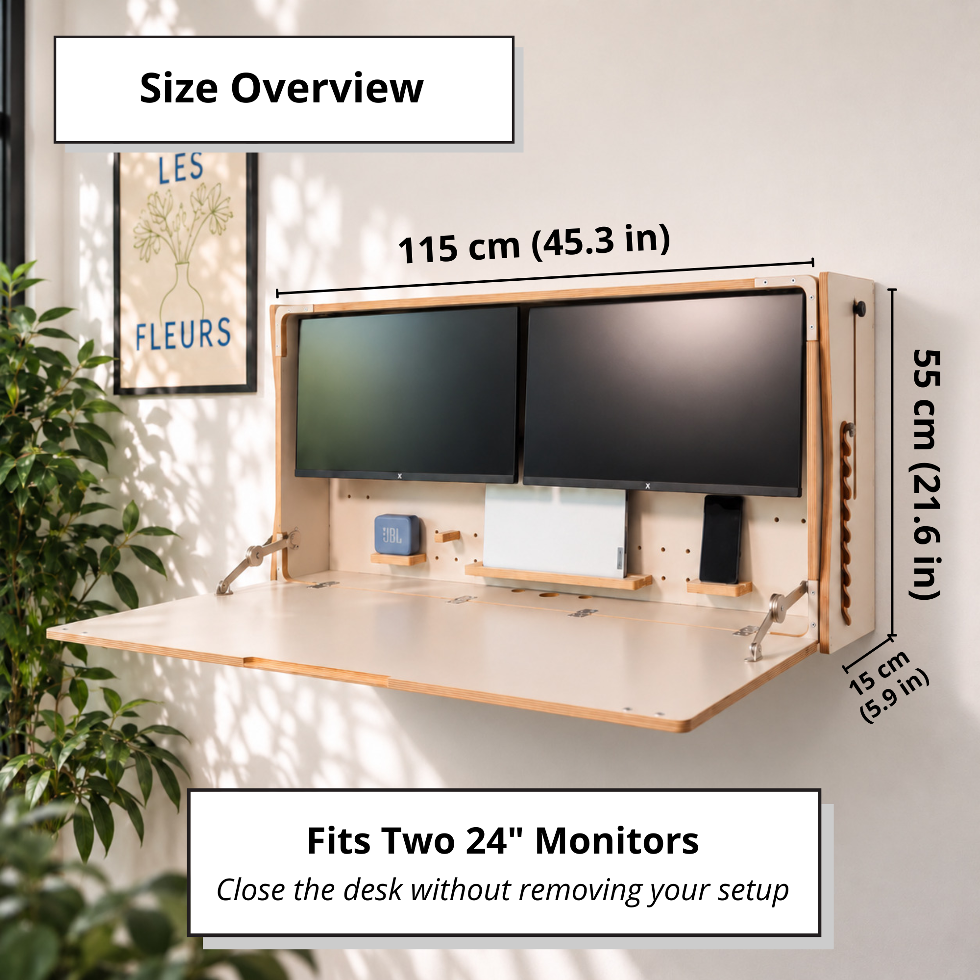 Adjustable Dual Monitor Murphy Desk | Wall Mounted Desk for Two 24″ Monitors