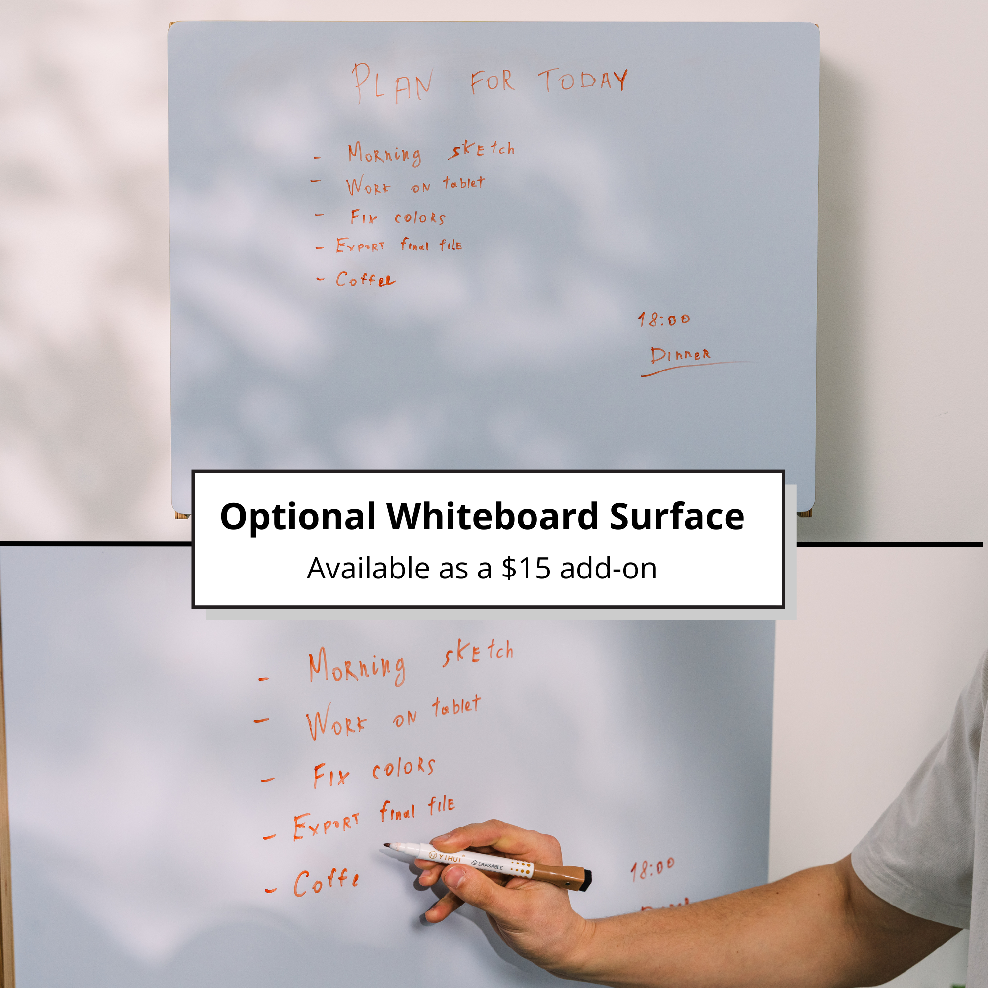 Whiteboard with handwritten plan for today and a hand holding a marker, with text overlay about an optional whiteboard surface add-on.